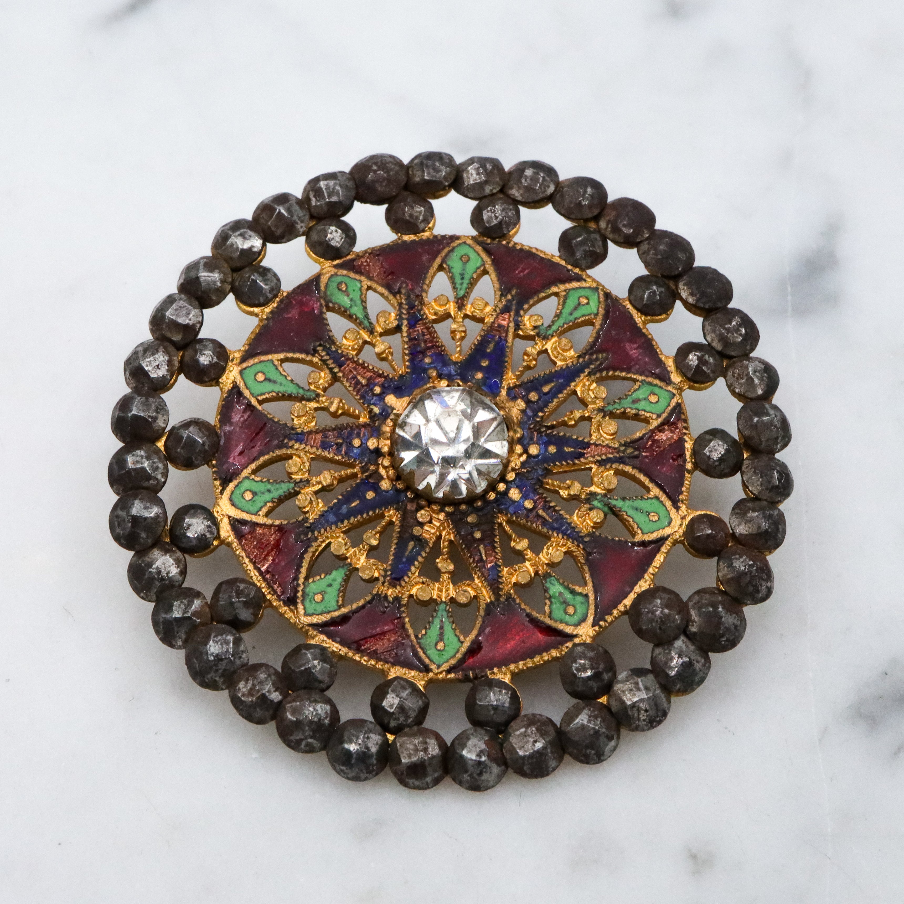 Large Antique French champleve & cut steel brass button
