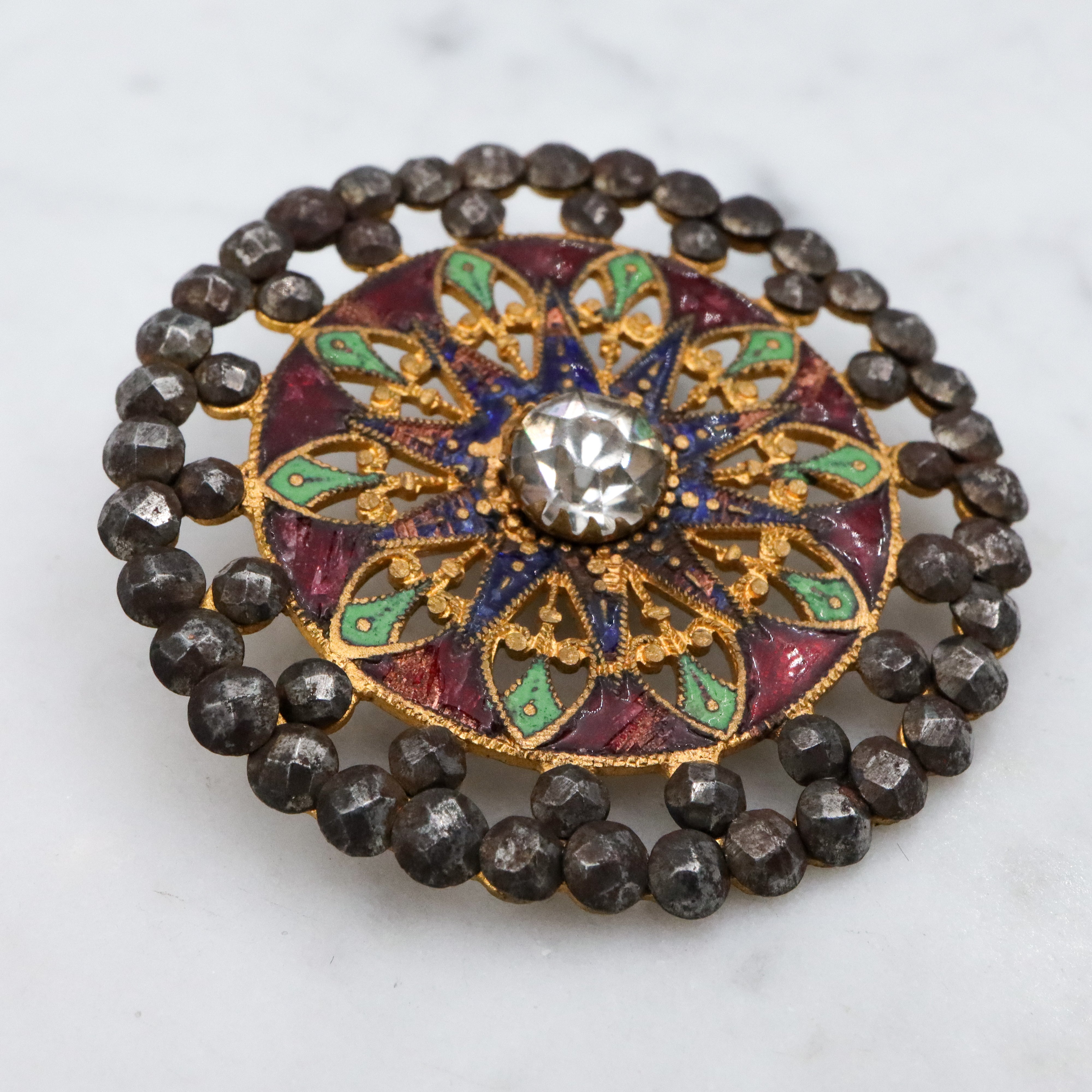 Large Antique French champleve & cut steel brass button