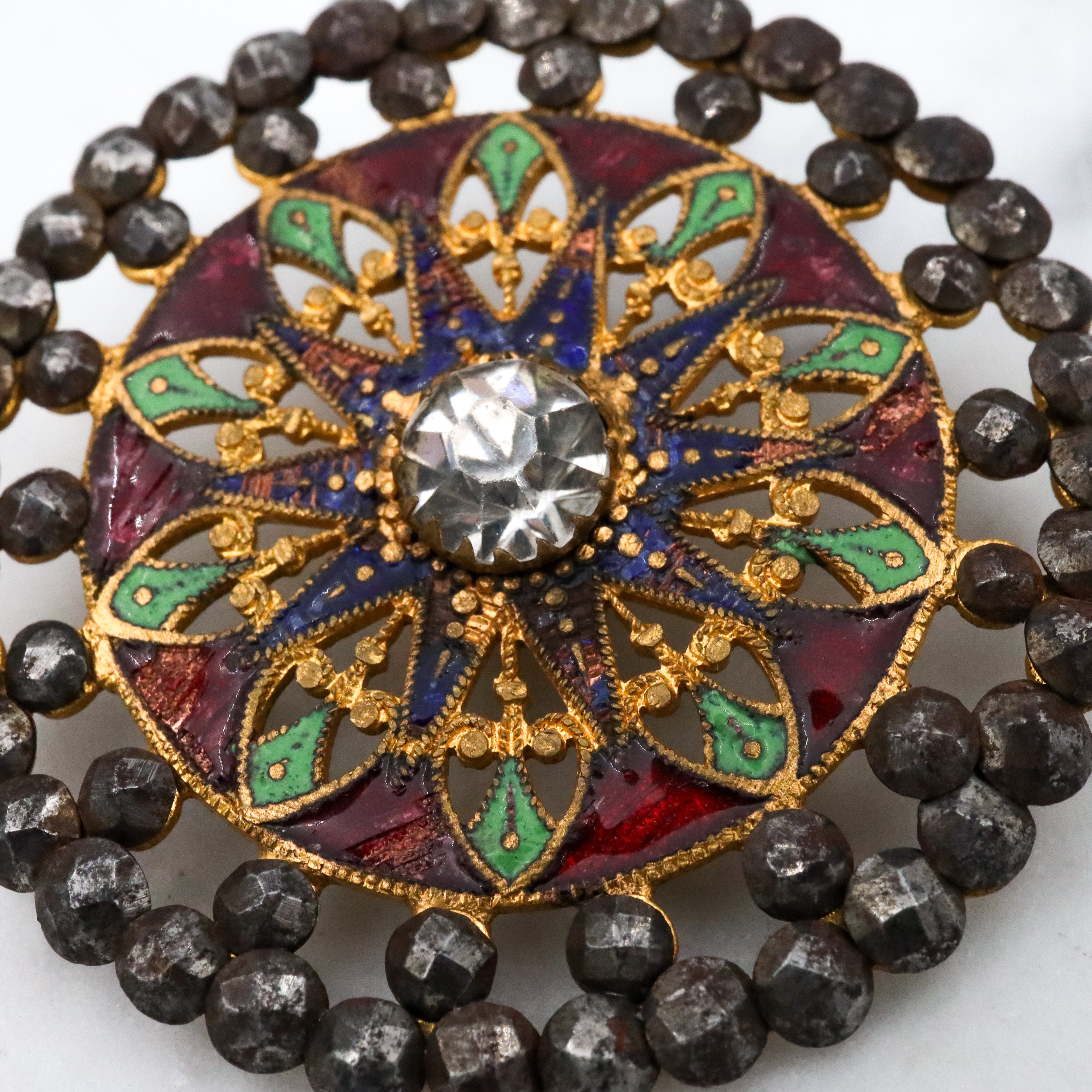 Large Antique French champleve & cut steel brass button