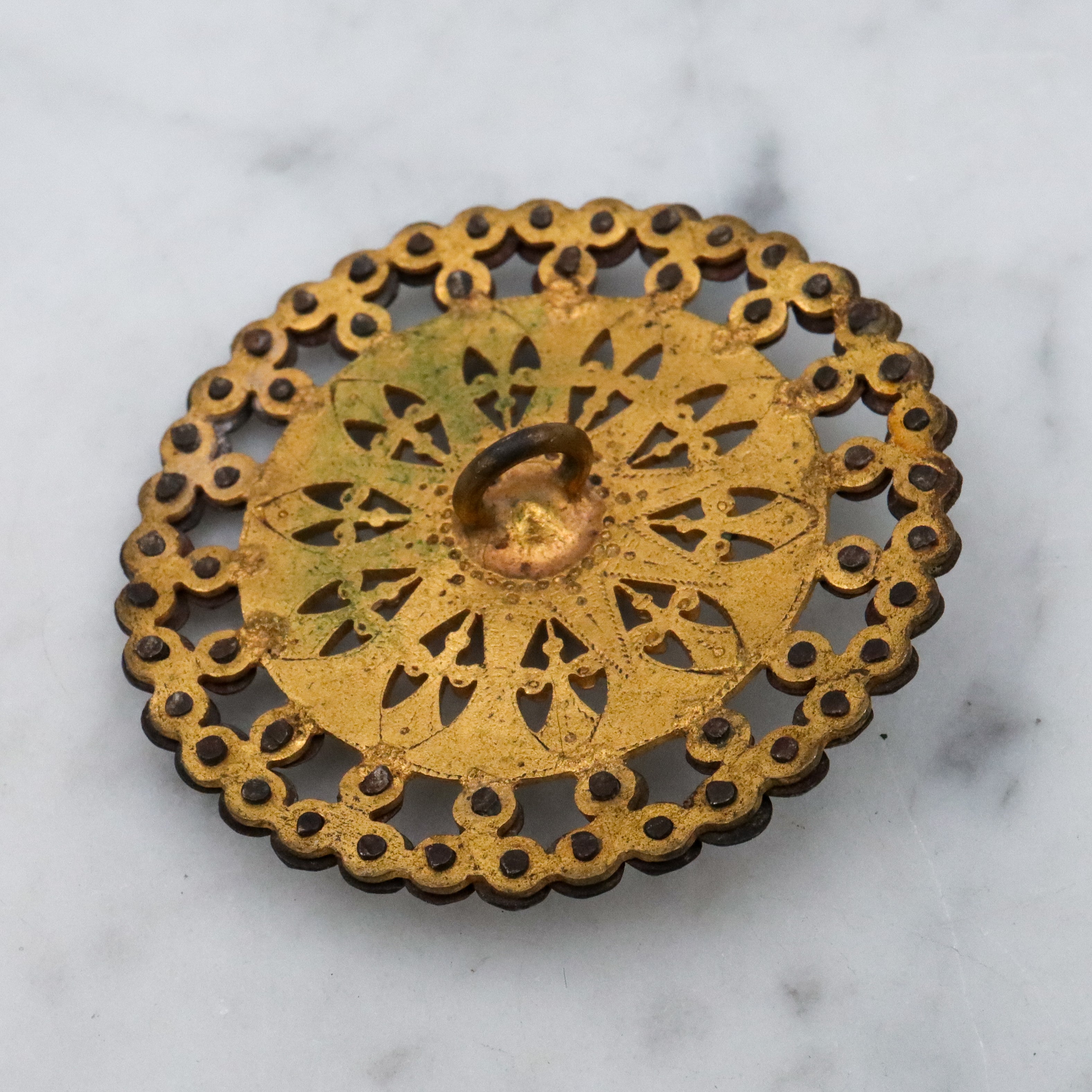 Large Antique French champleve & cut steel brass button