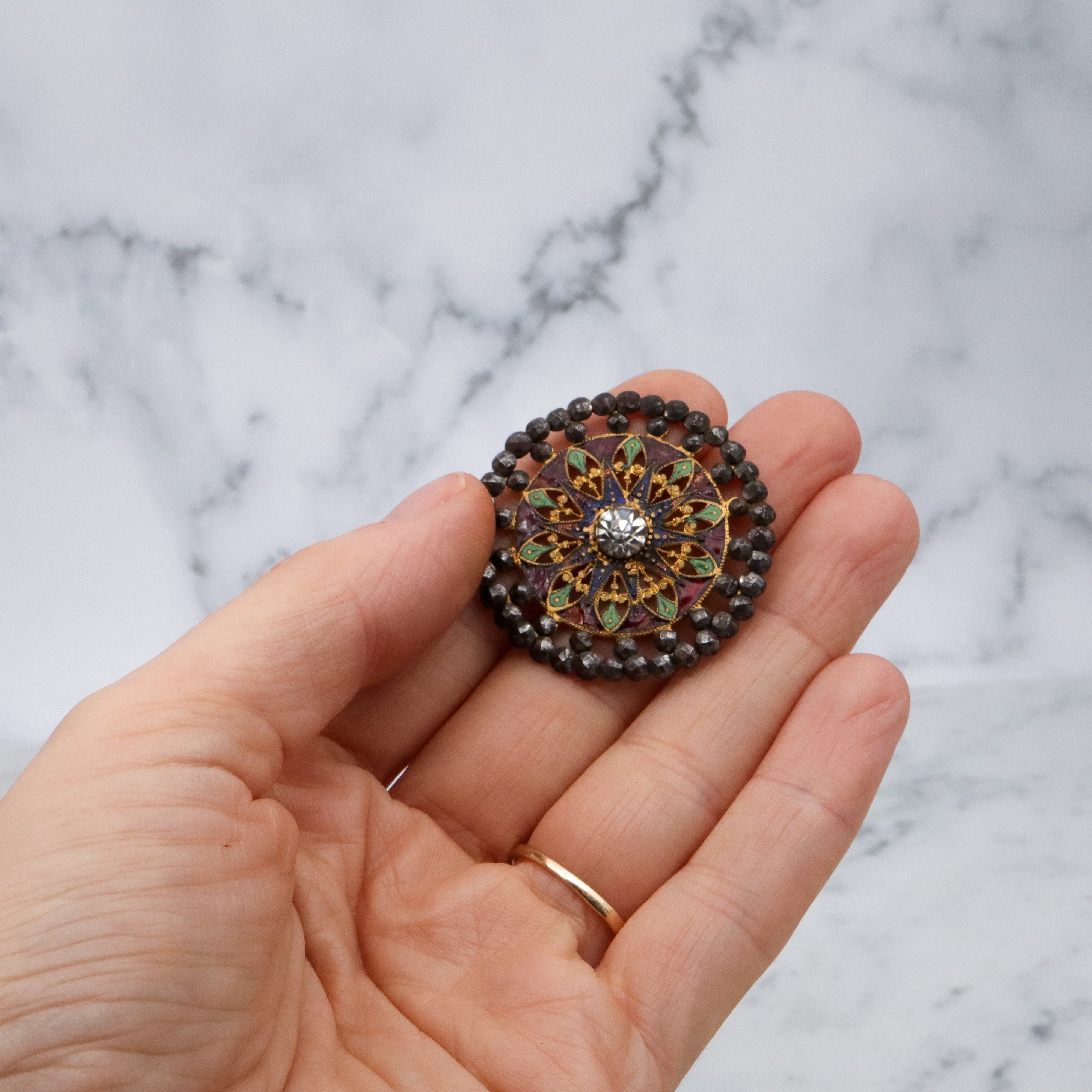 Large Antique French champleve & cut steel brass button