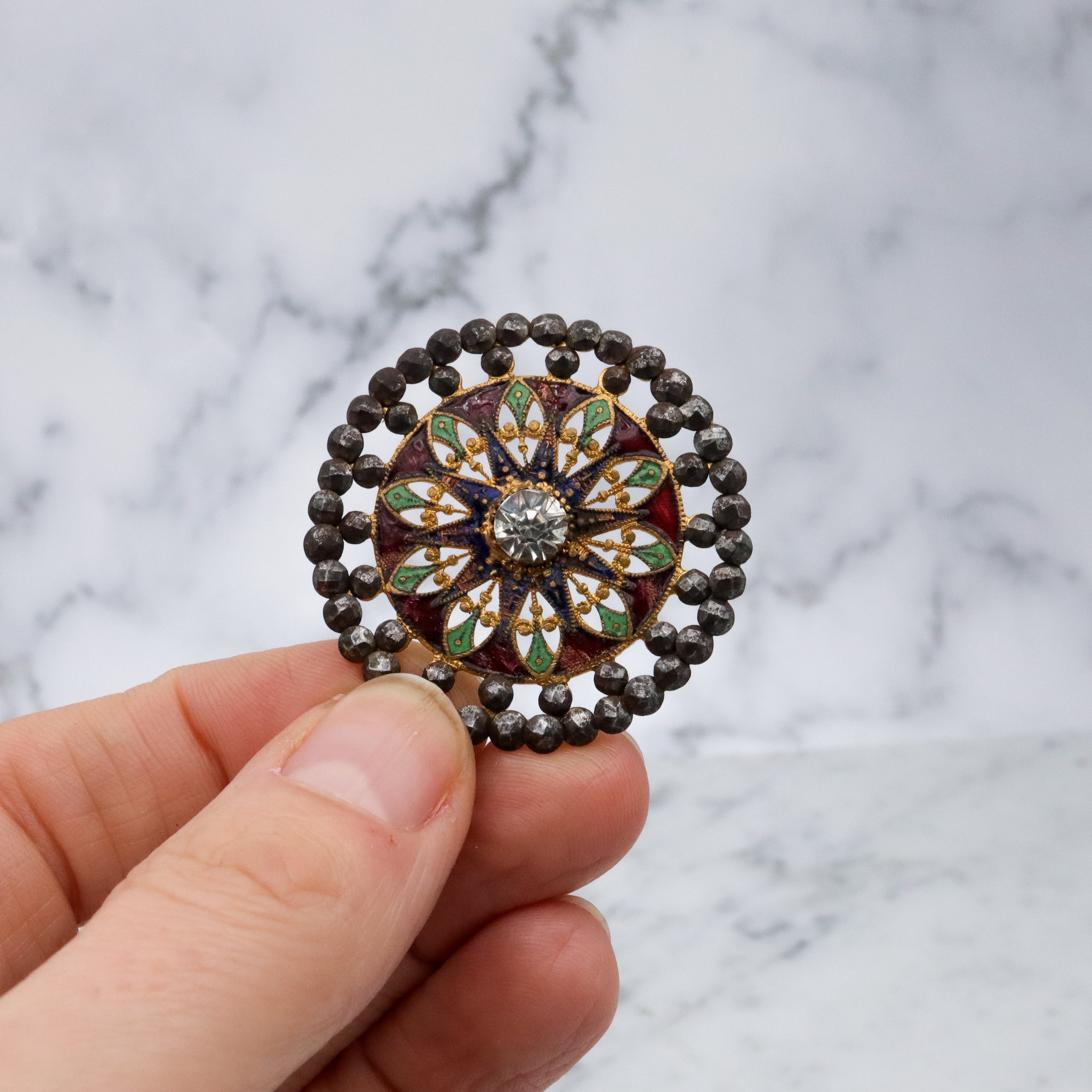 Large Antique French champleve & cut steel brass button