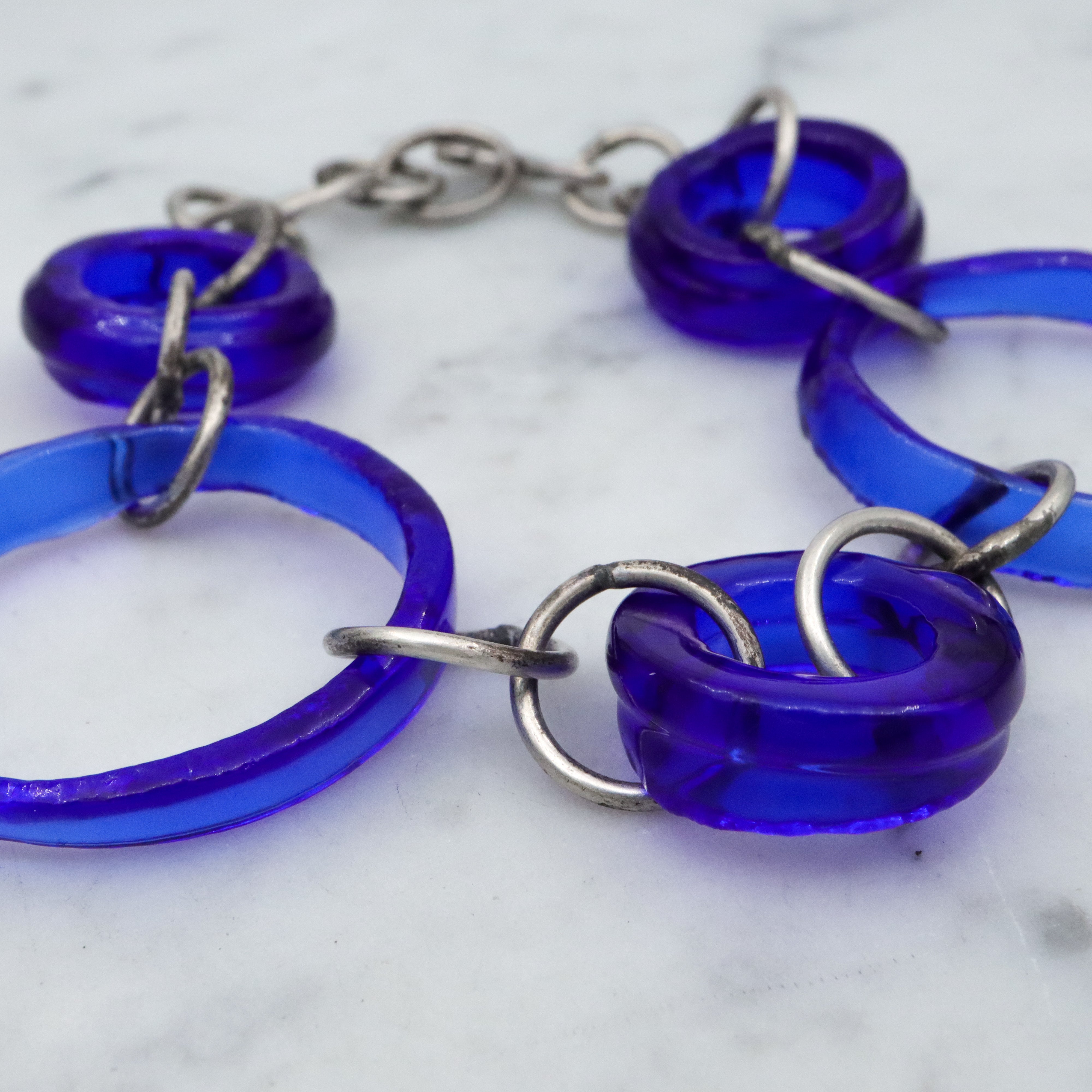 Vintage silver & glass bottle ring link bracelet