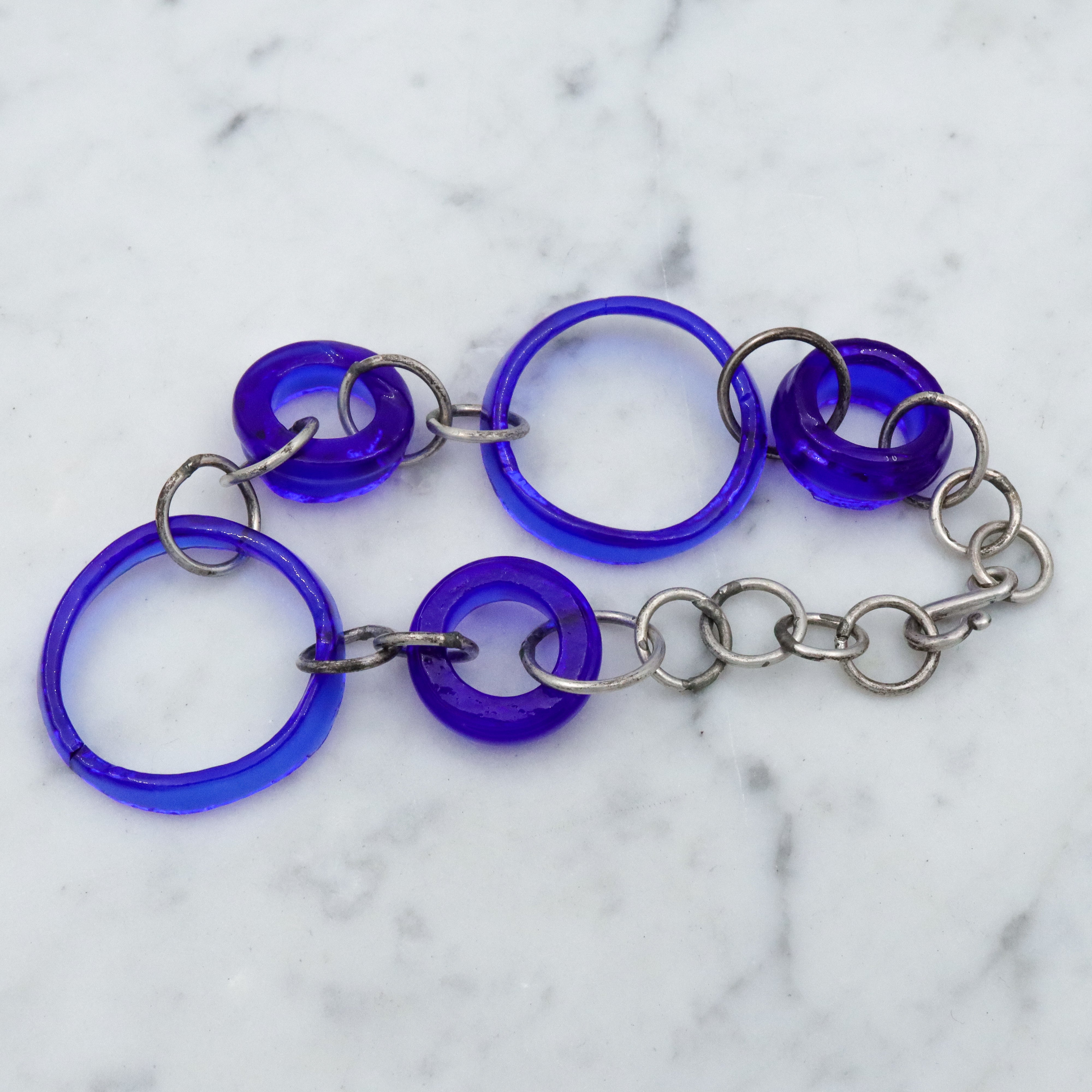 Vintage silver & glass bottle ring link bracelet