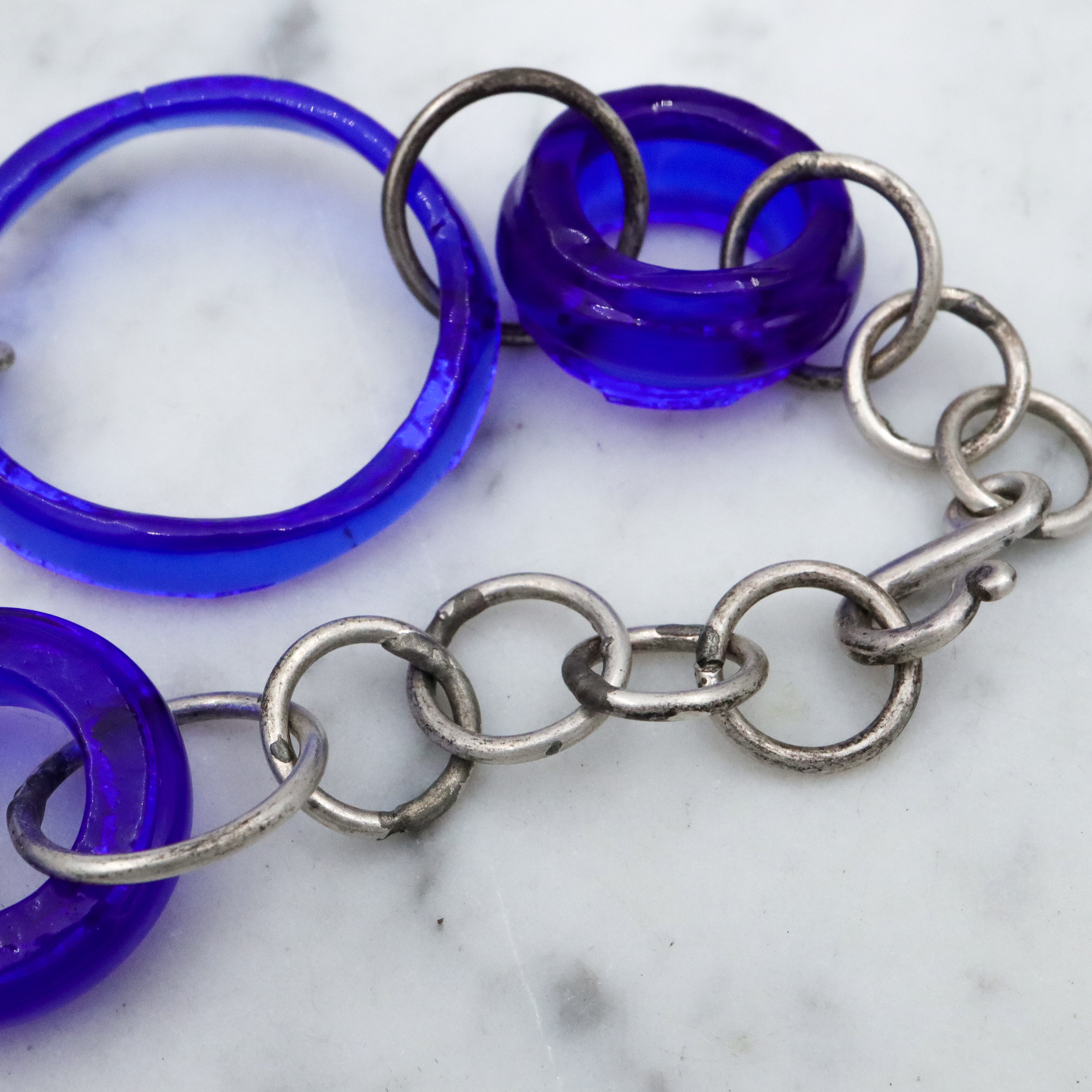 Vintage silver & glass bottle ring link bracelet