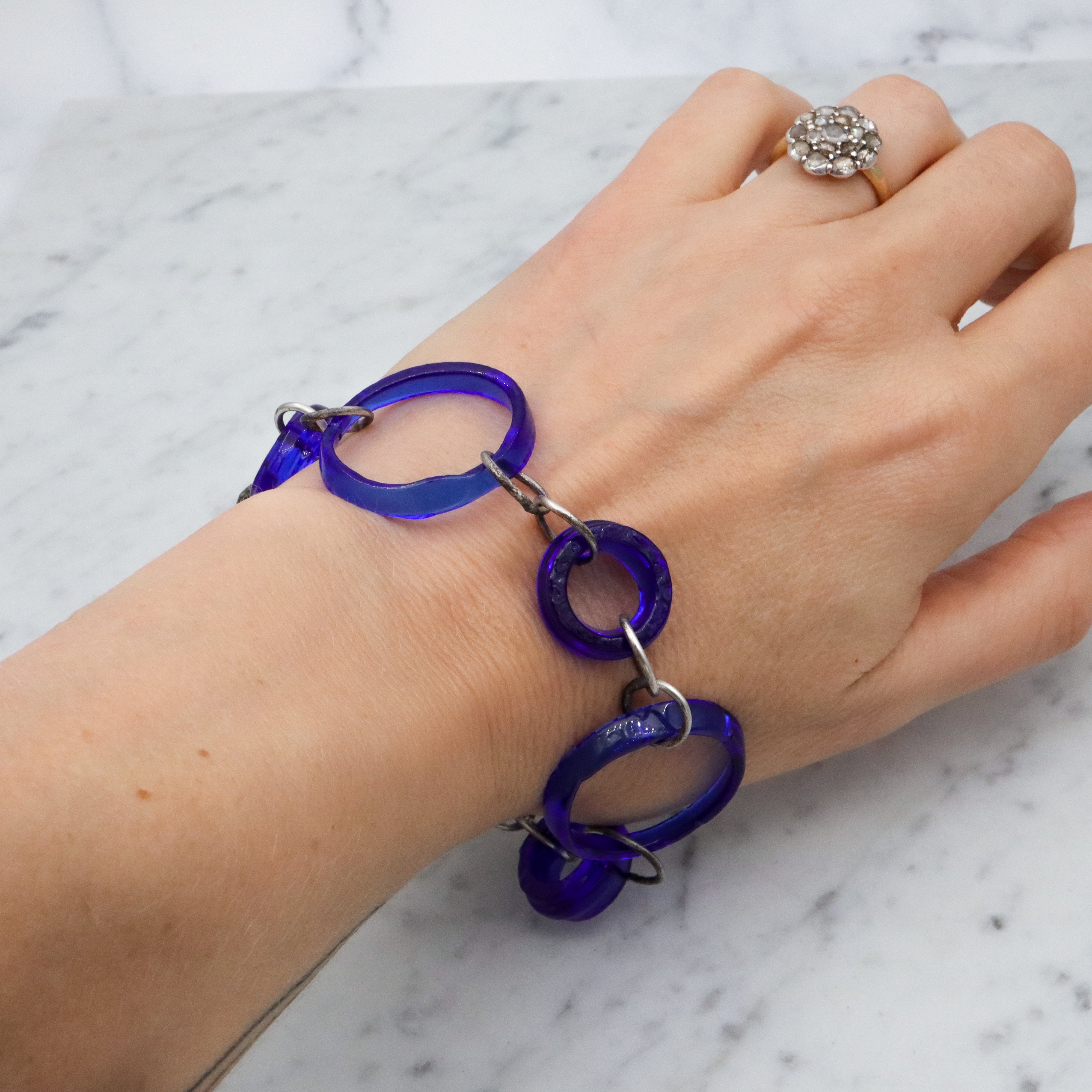 Vintage silver & glass bottle ring link bracelet