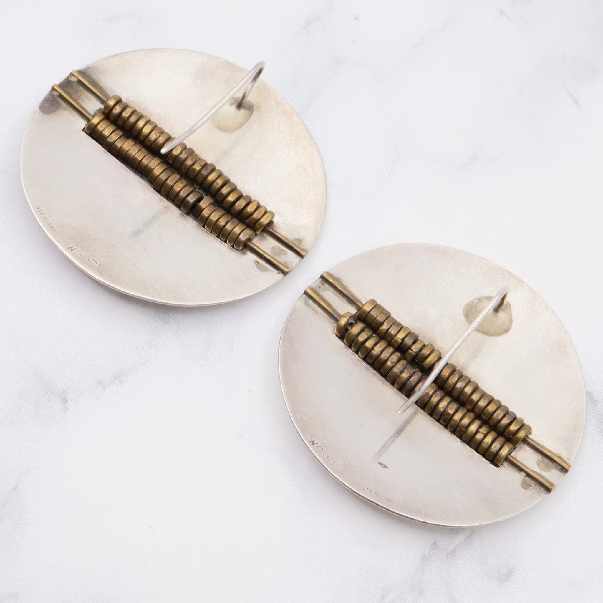 Vintage woods brutalist sterling silver and brass signed large circle and bead  earrings