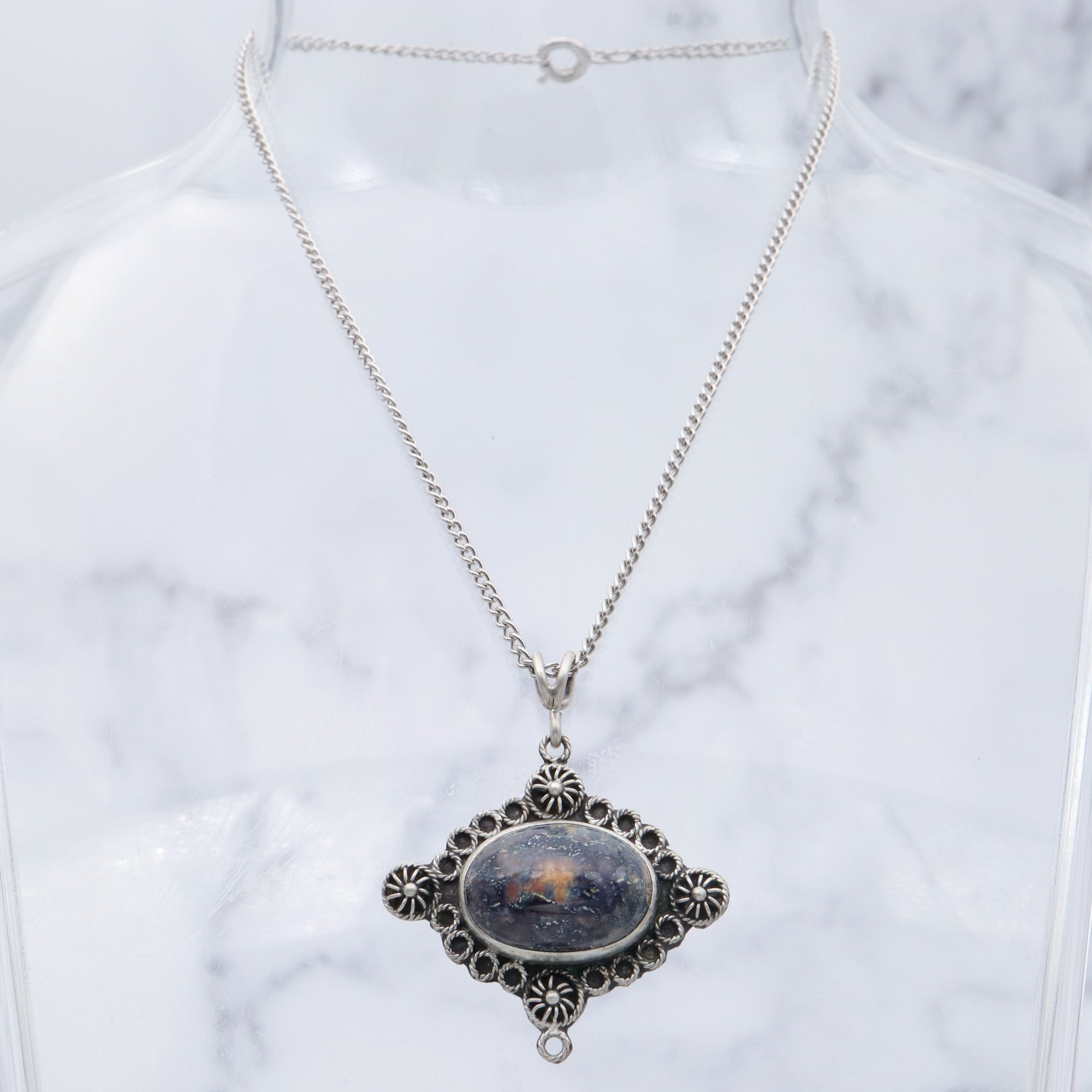 Vintage European sterling cannetille filigree & sodalite pendant