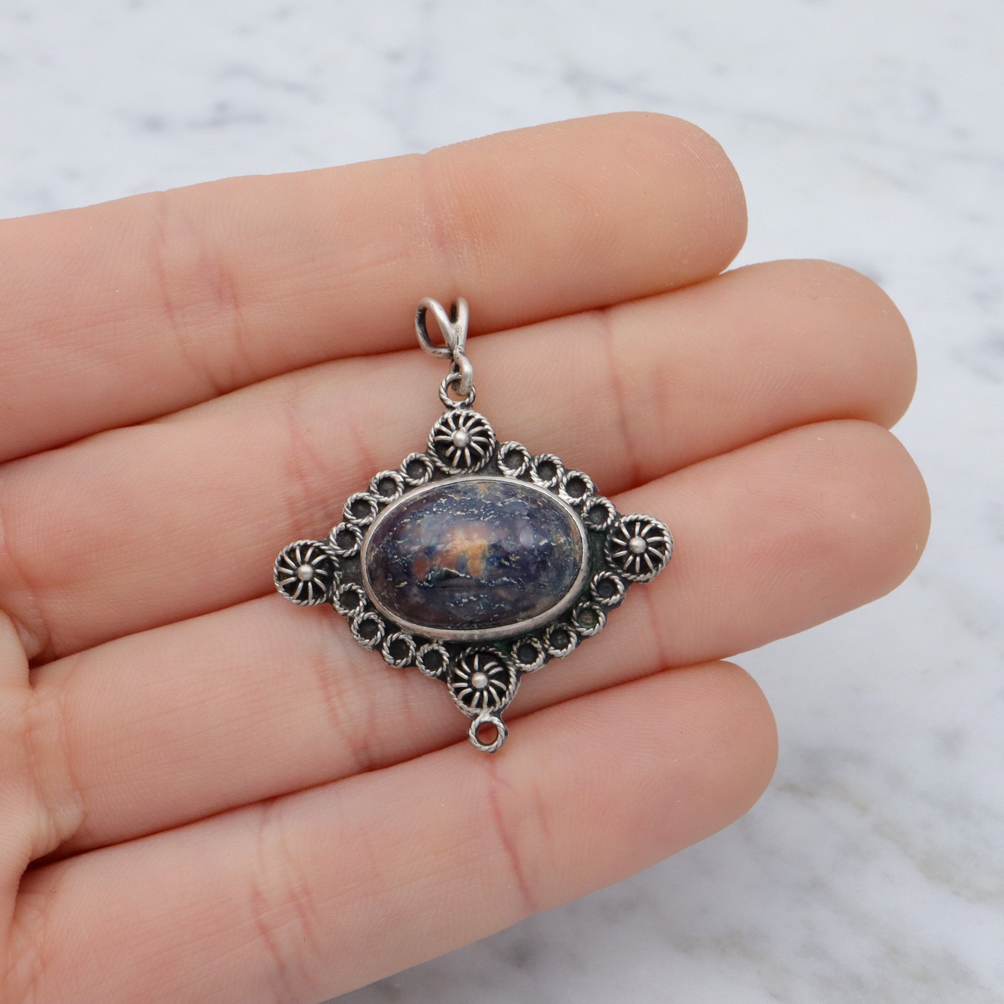 Vintage European sterling cannetille filigree & sodalite pendant