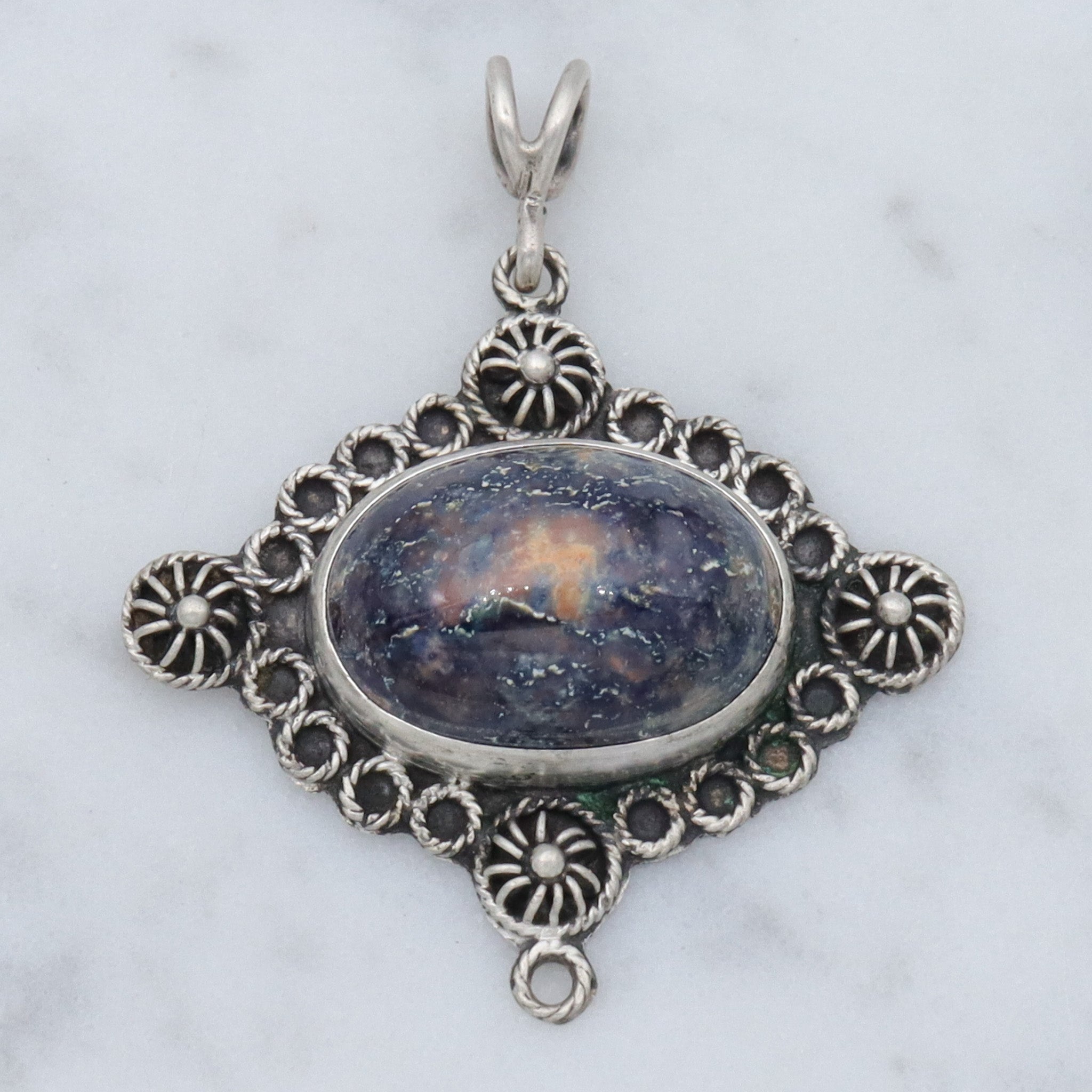 Vintage European sterling cannetille filigree & sodalite pendant