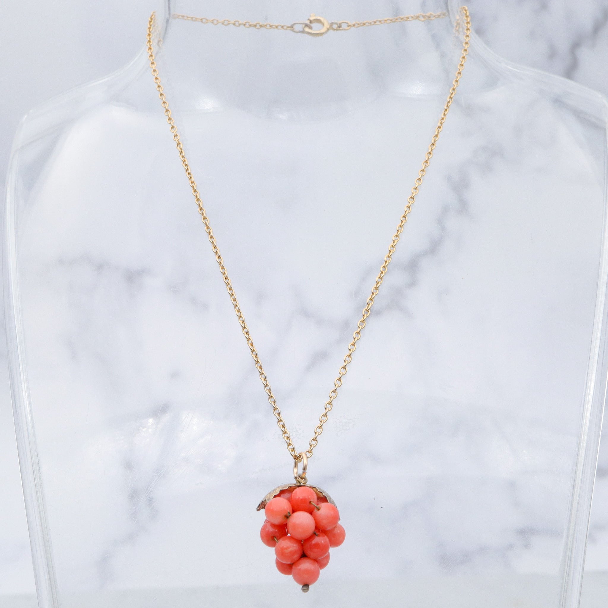 Antique gilt metal coral bead grape bunch pendant