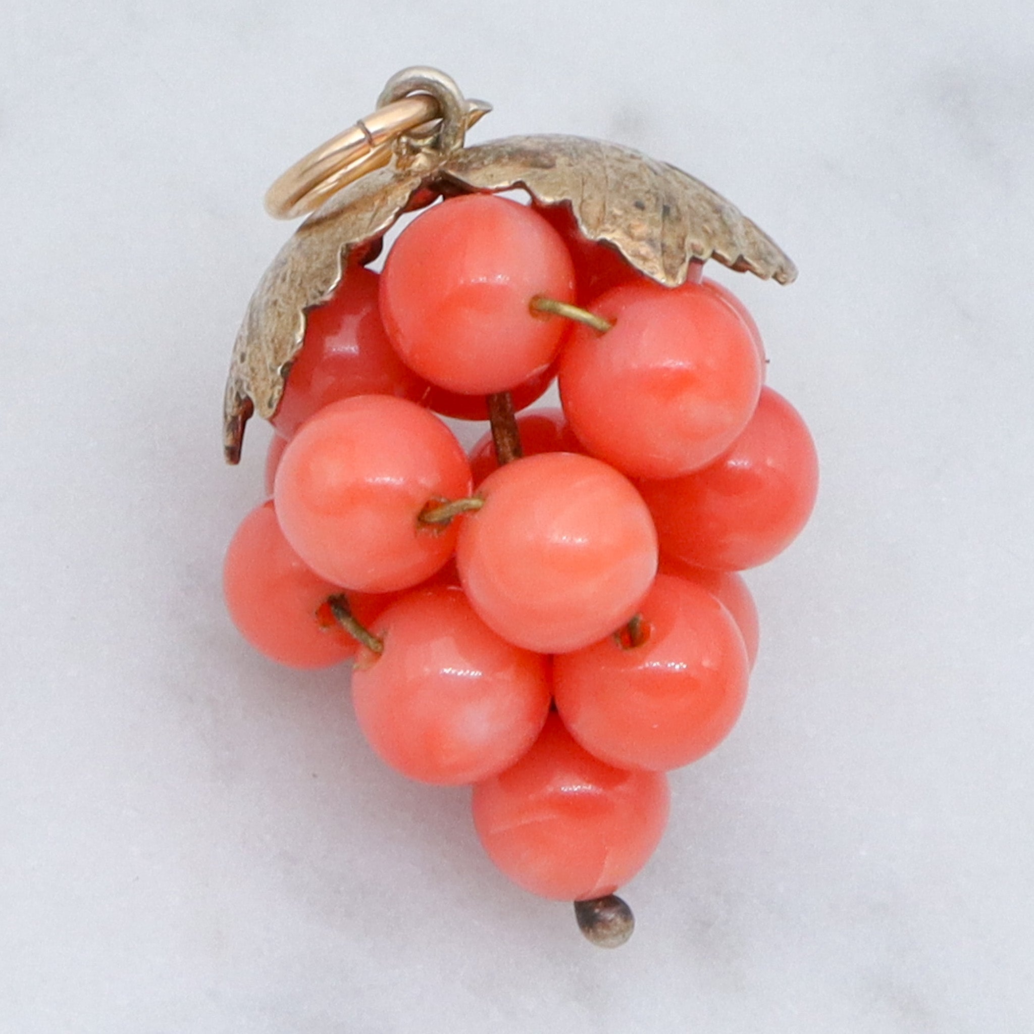 Antique gilt metal coral bead grape bunch pendant