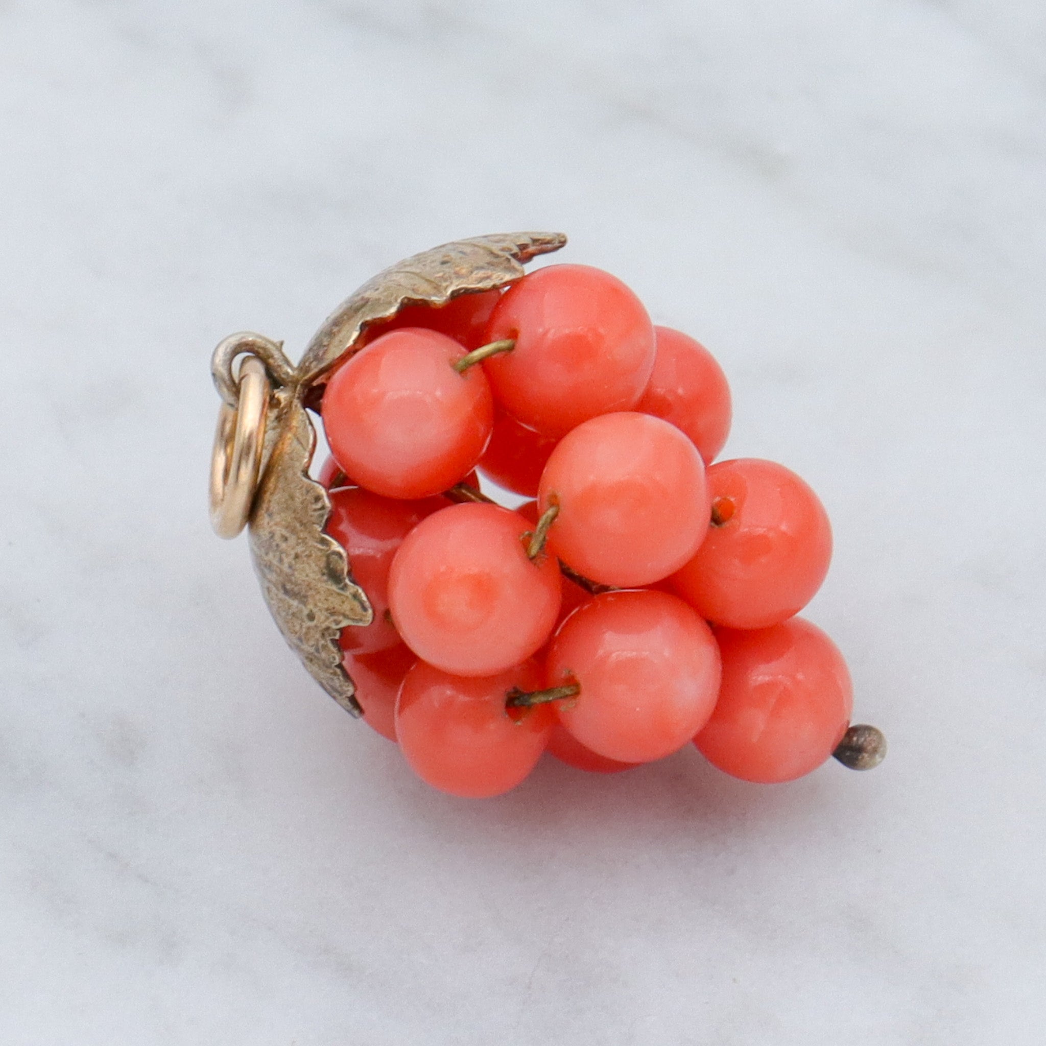 Antique gilt metal coral bead grape bunch pendant