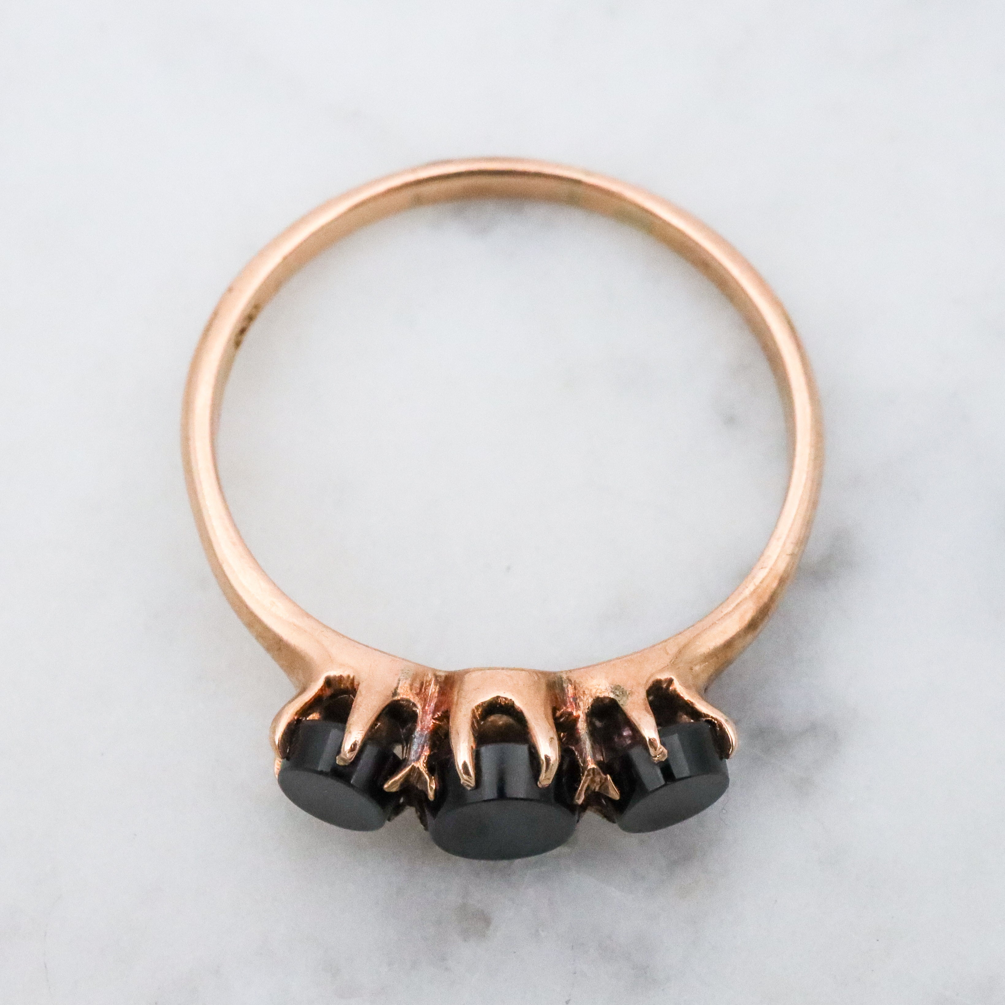 Antique 10k gold onyx three stone ring, size 10
