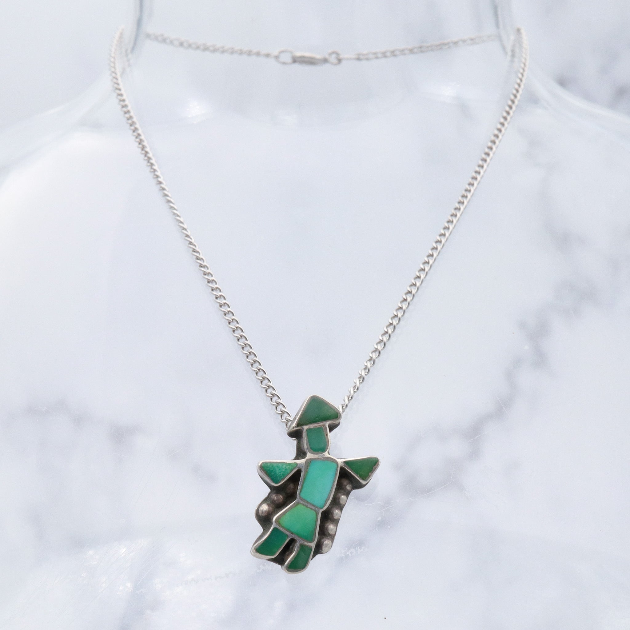 Vintage Zuni sterling green turquoise inlay Kachina Dancer pendant