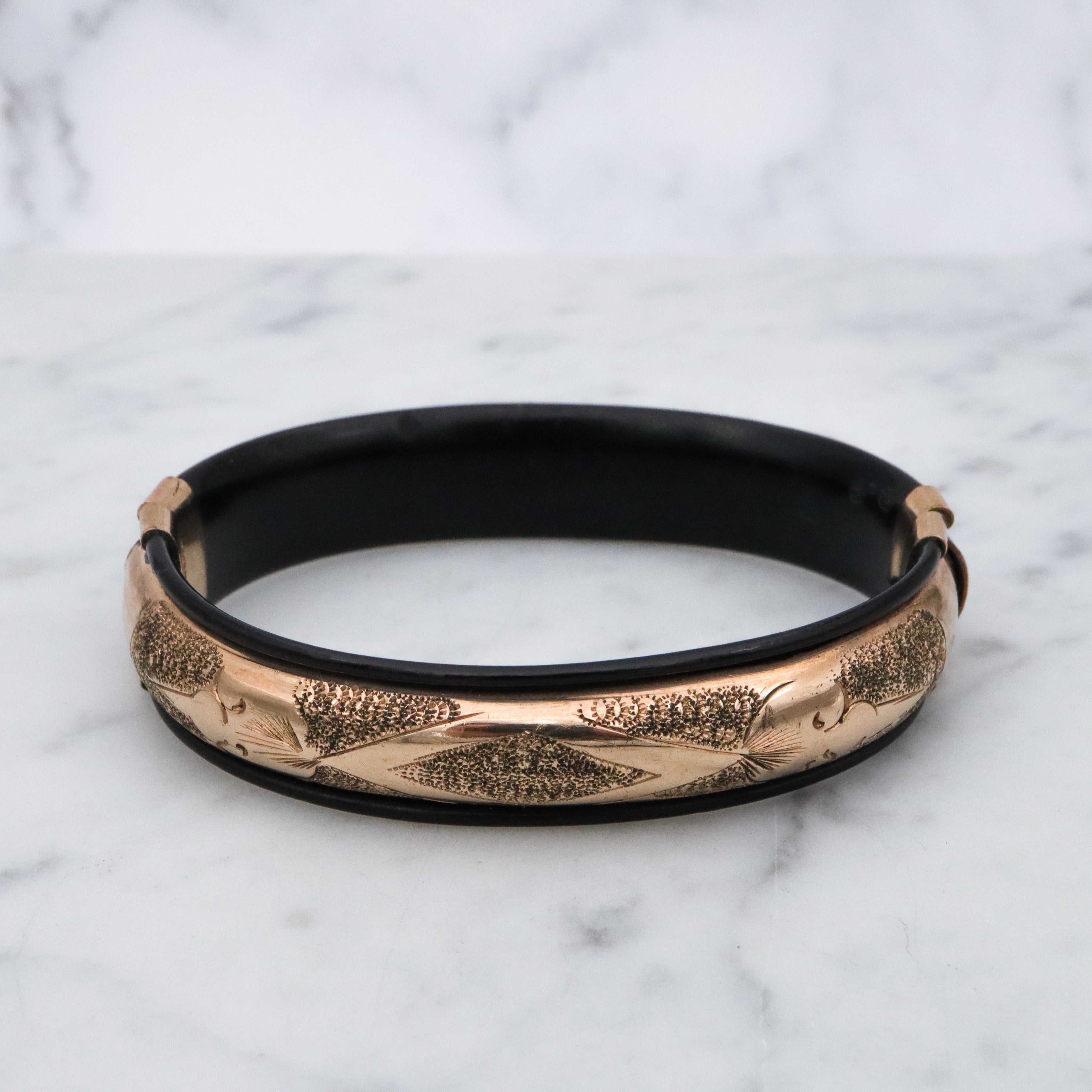 Antique Victorian gold filled etched & black lacquered stretch bangle