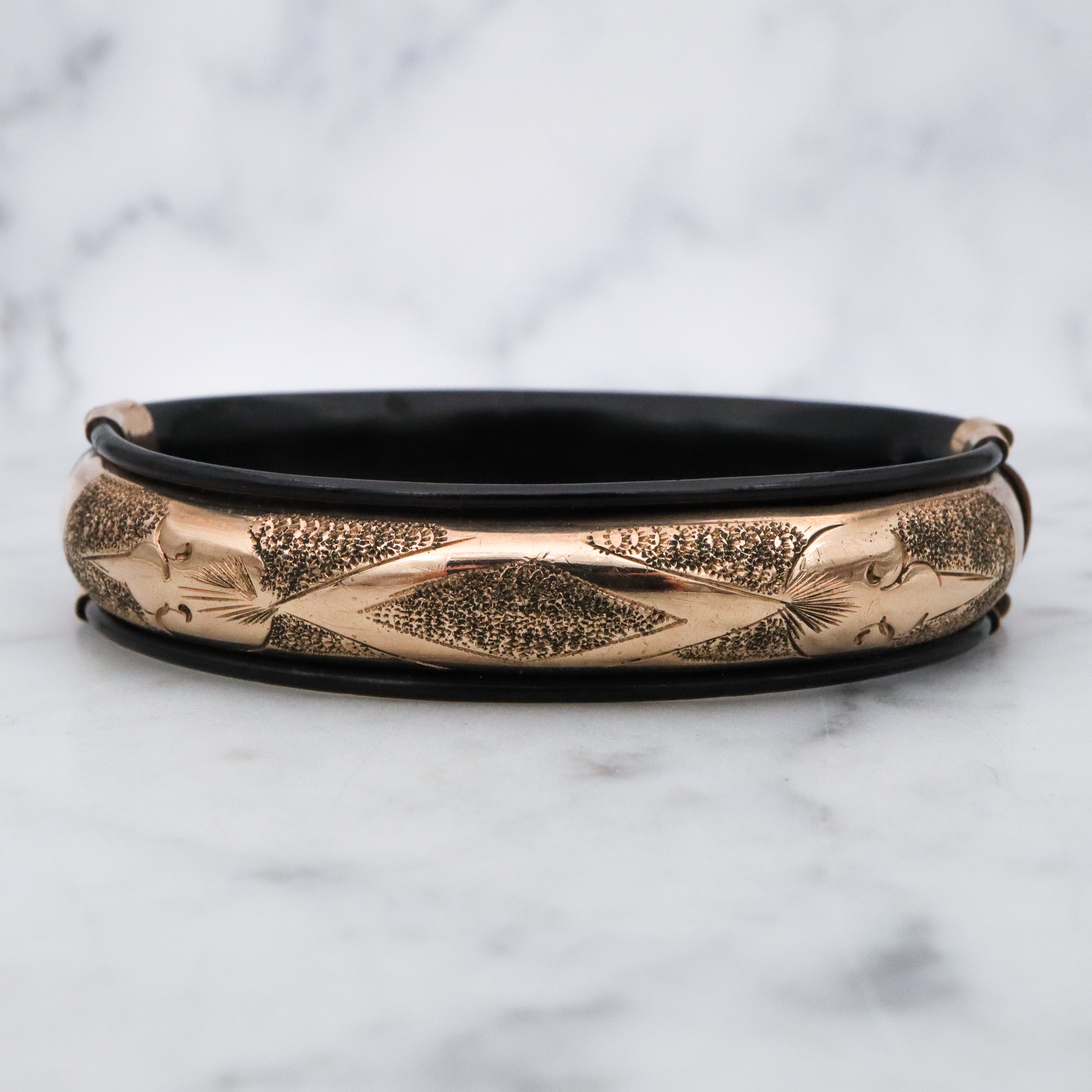 Antique Victorian gold filled etched & black lacquered stretch bangle