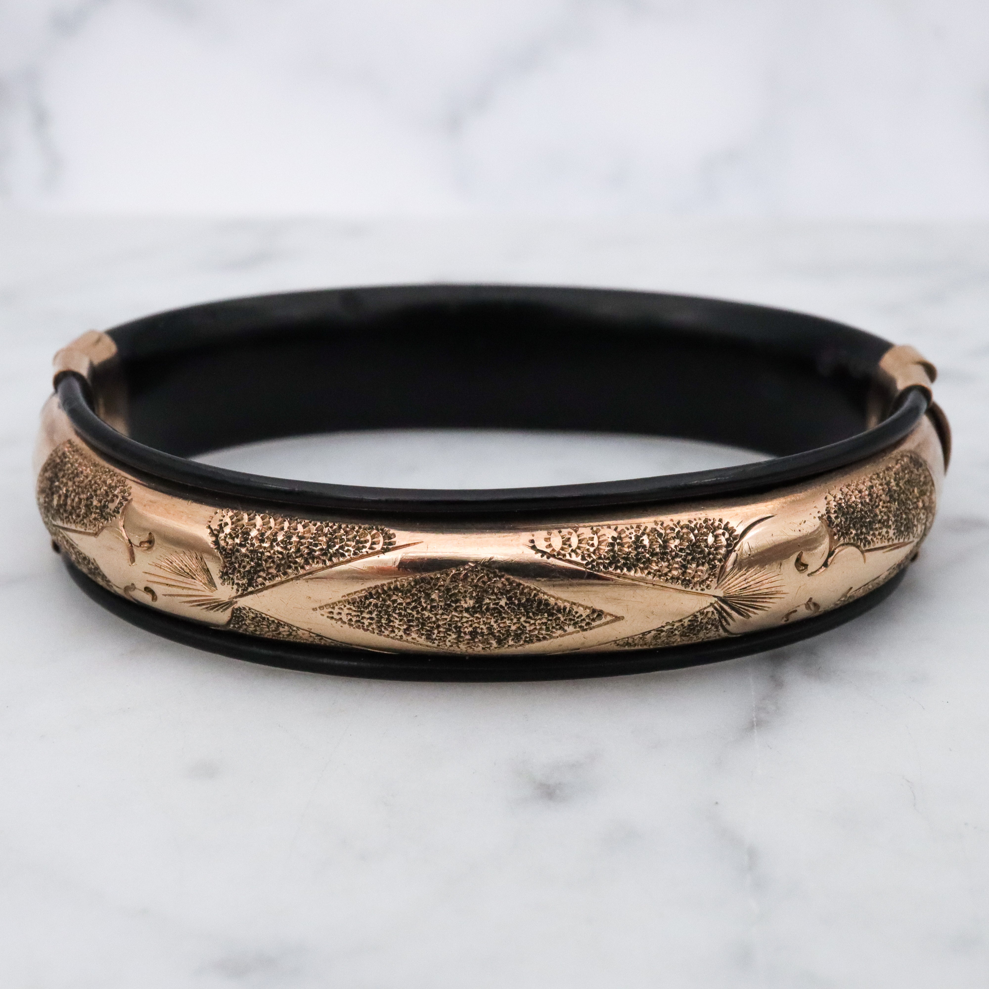 Antique Victorian gold filled etched & black lacquered stretch bangle