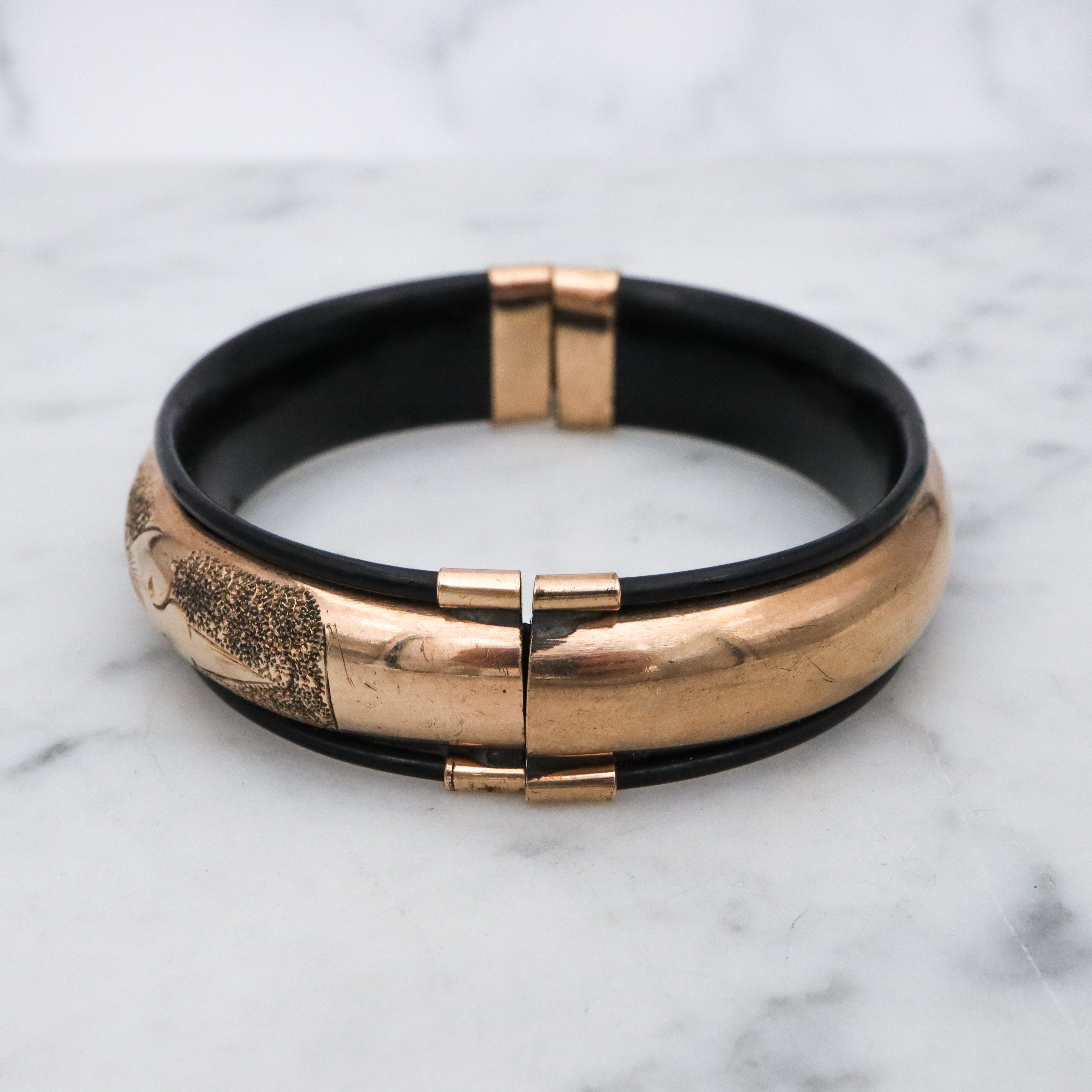 Antique Victorian gold filled etched & black lacquered stretch bangle