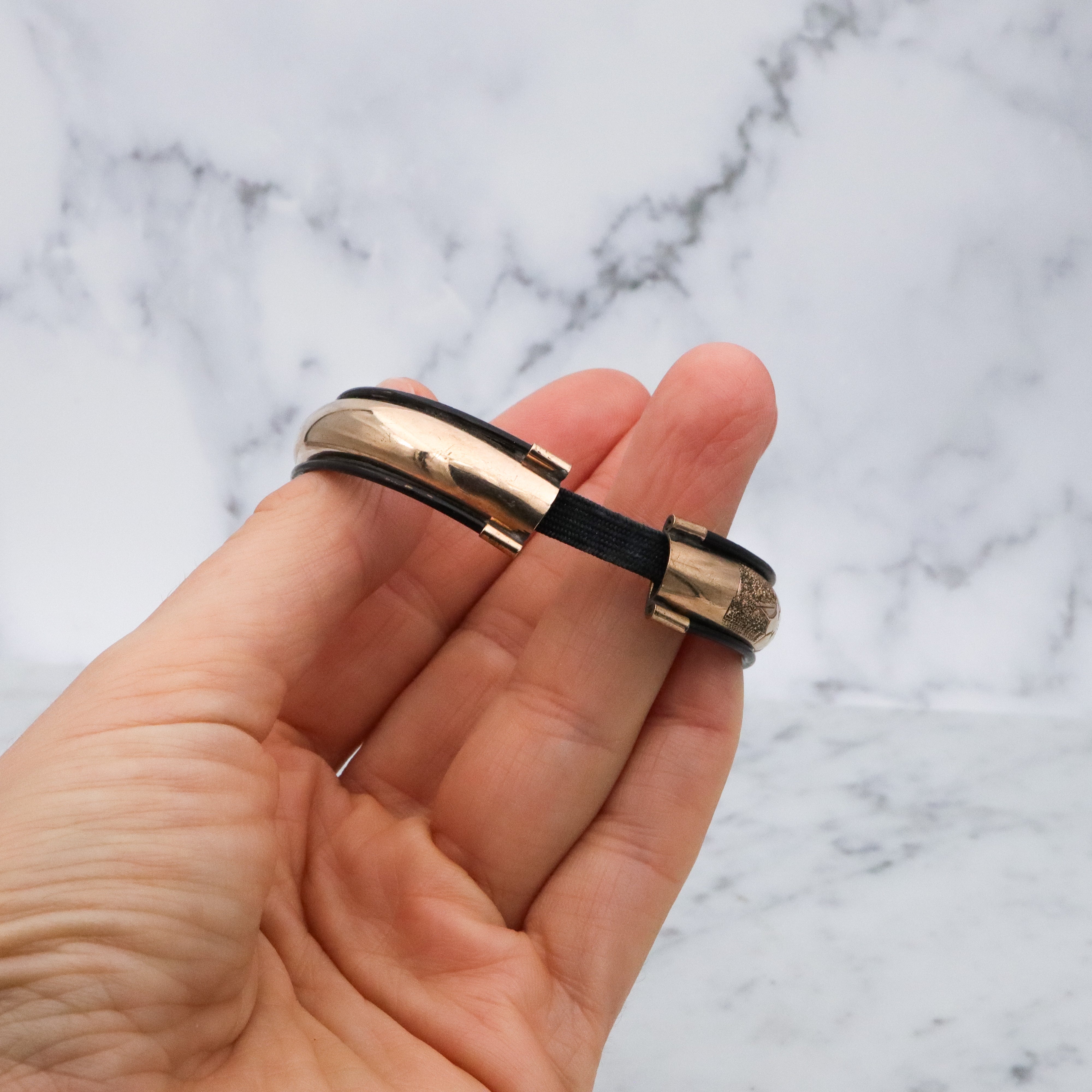 Antique Victorian gold filled etched & black lacquered stretch bangle