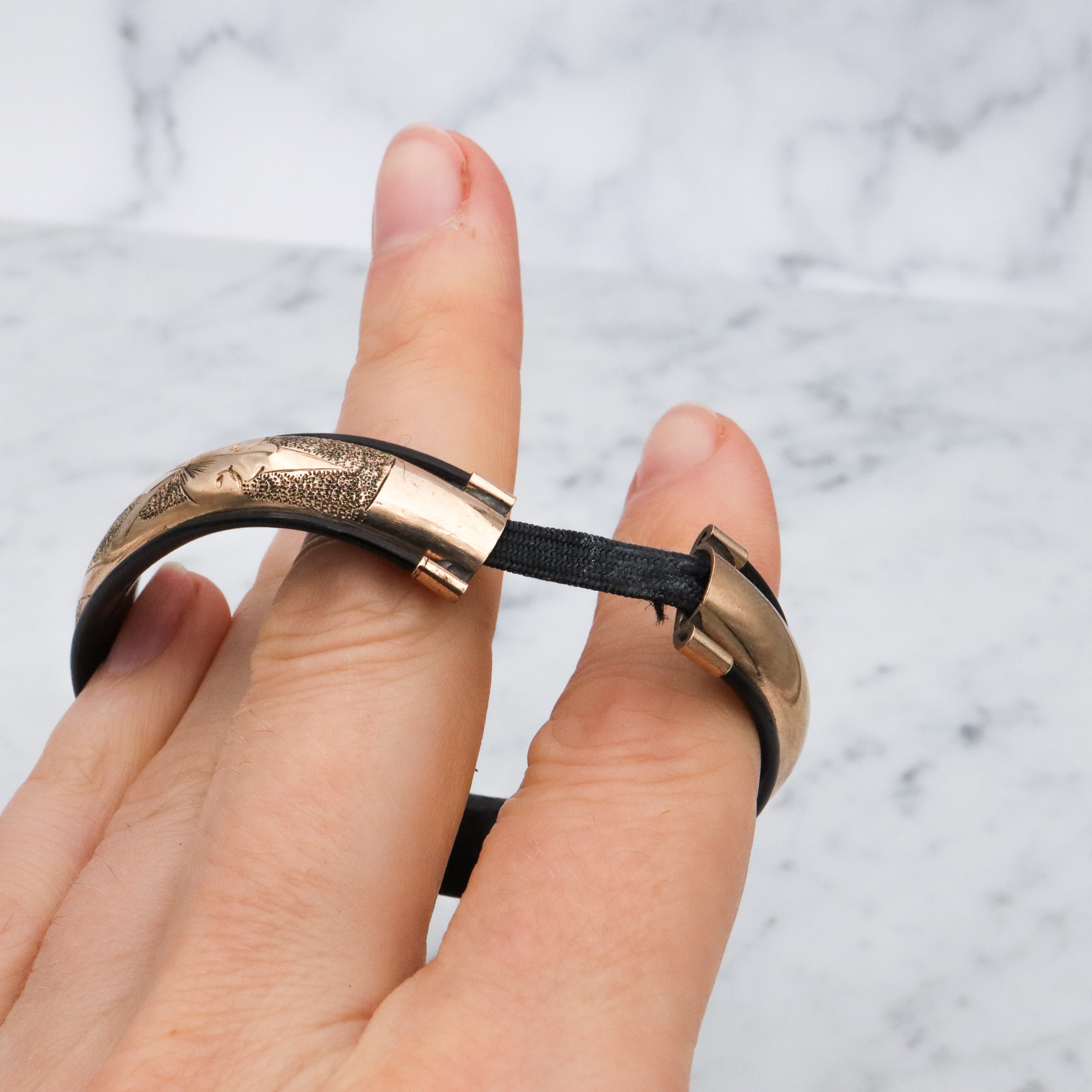 Antique Victorian gold filled etched & black lacquered stretch bangle