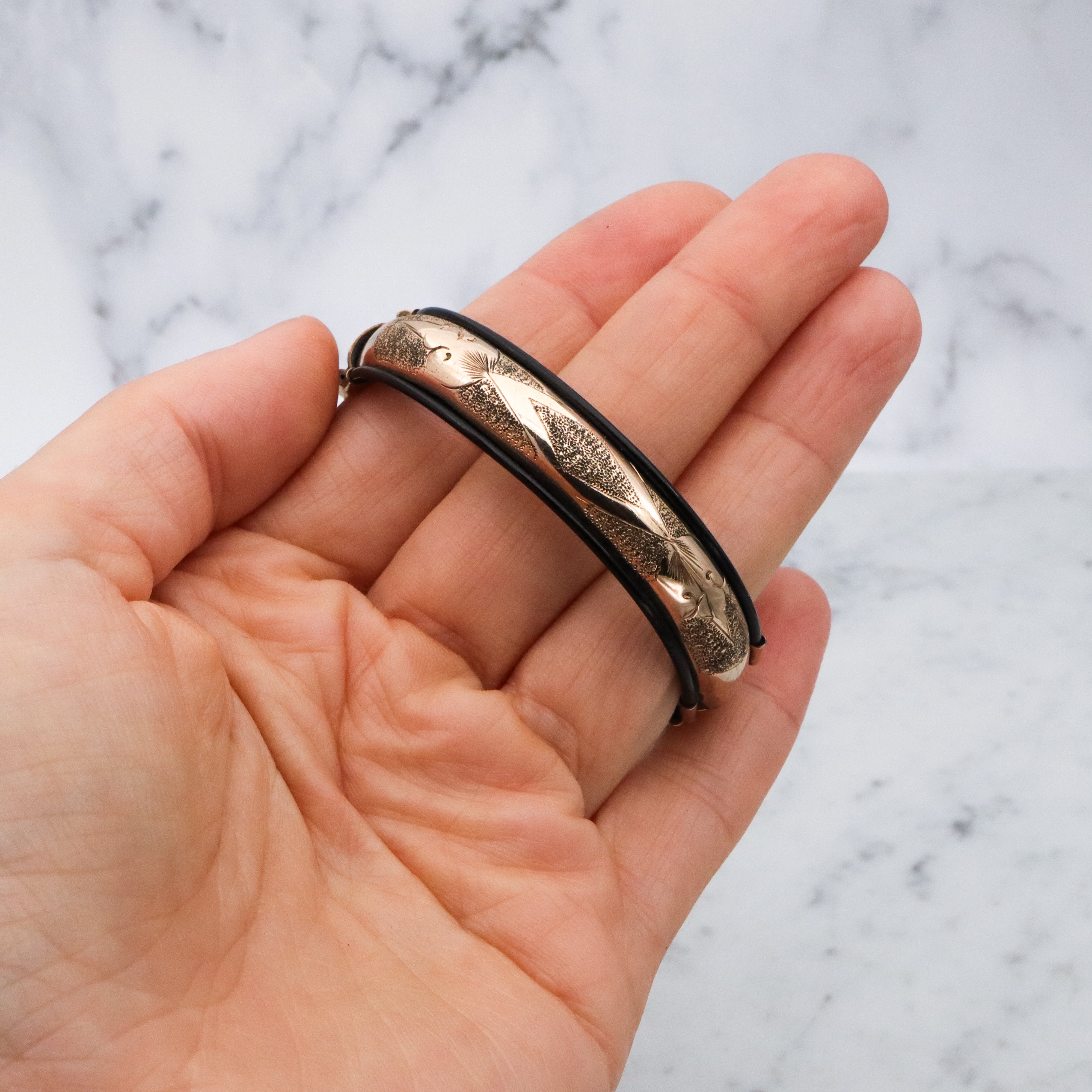 Antique Victorian gold filled etched & black lacquered stretch bangle
