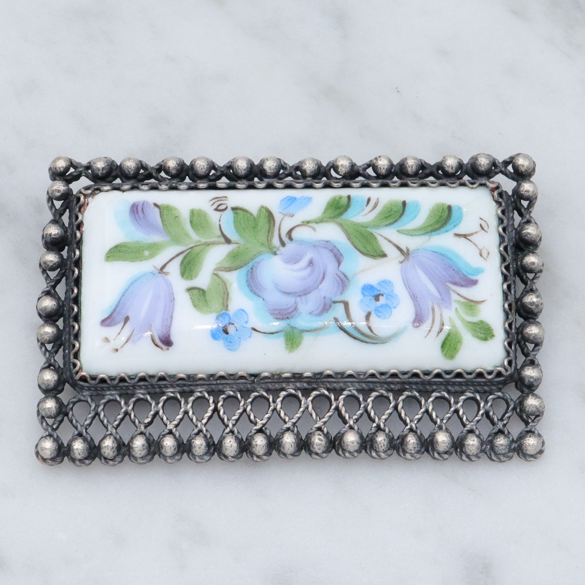 Mid Century Modern European silver plated, hand painted Finift porcelain plaque brooch