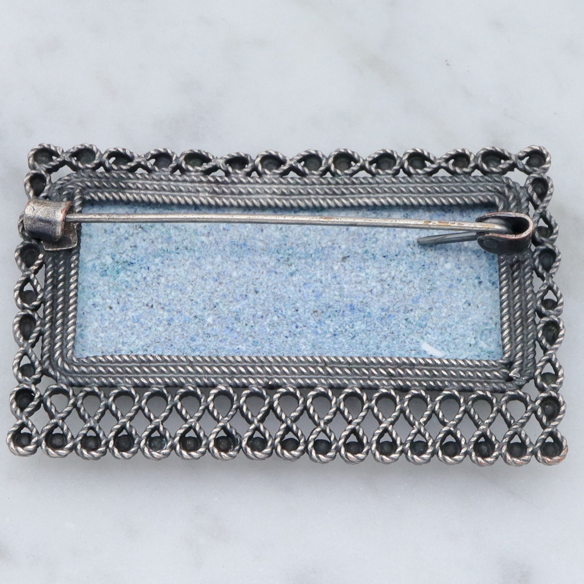 Mid Century Modern European silver plated, hand painted Finift porcelain plaque brooch