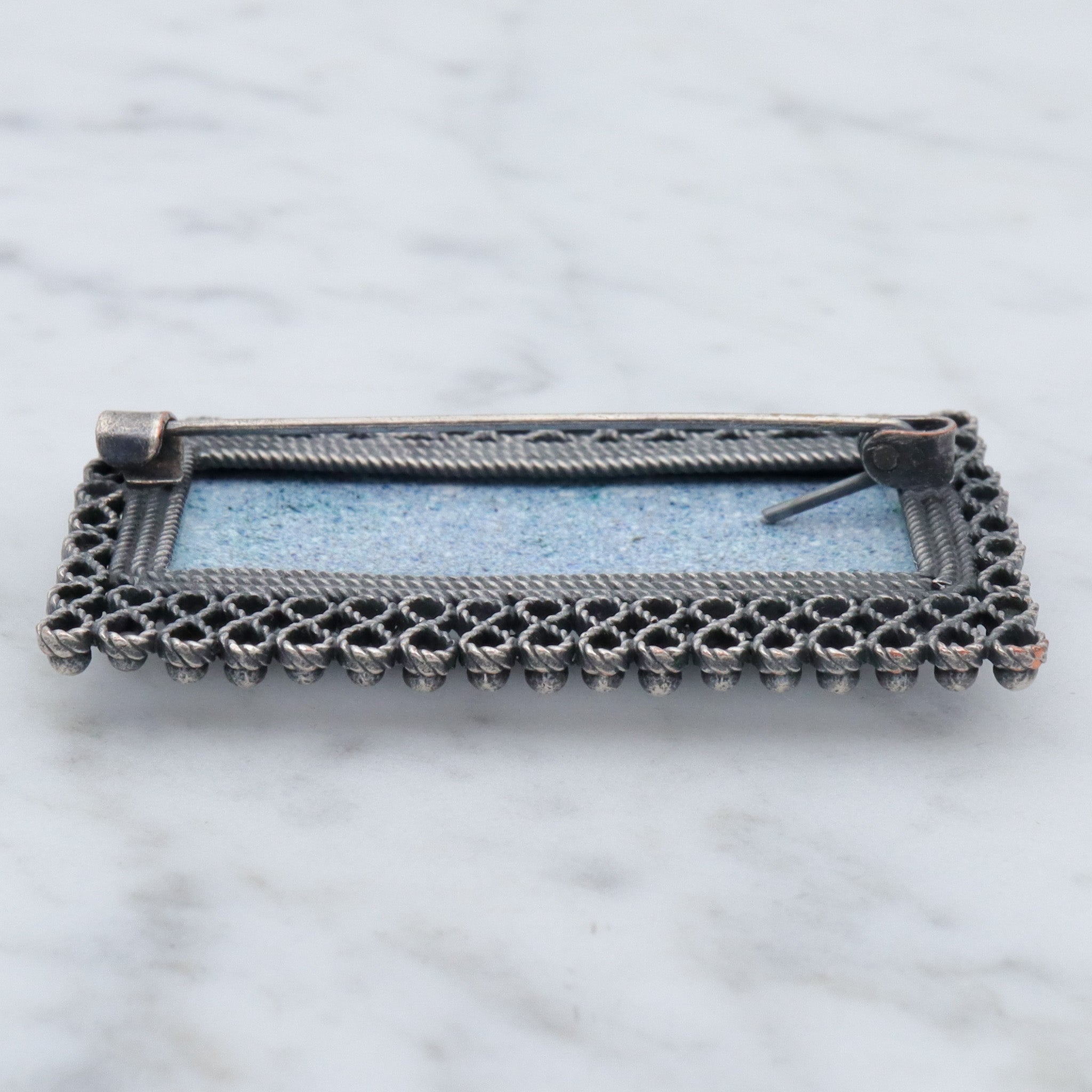 Mid Century Modern European silver plated, hand painted Finift porcelain plaque brooch