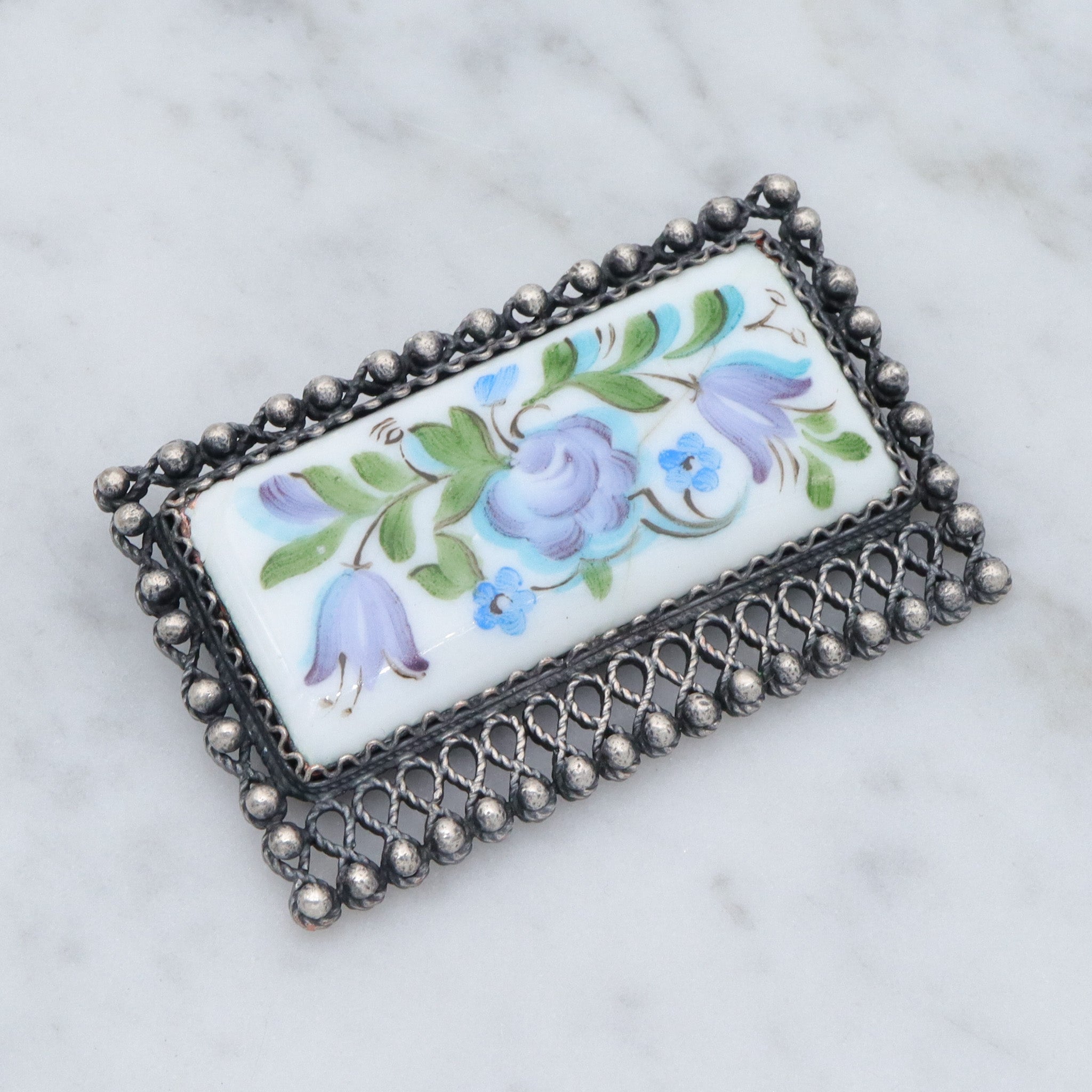 Mid Century Modern European silver plated, hand painted Finift porcelain plaque brooch