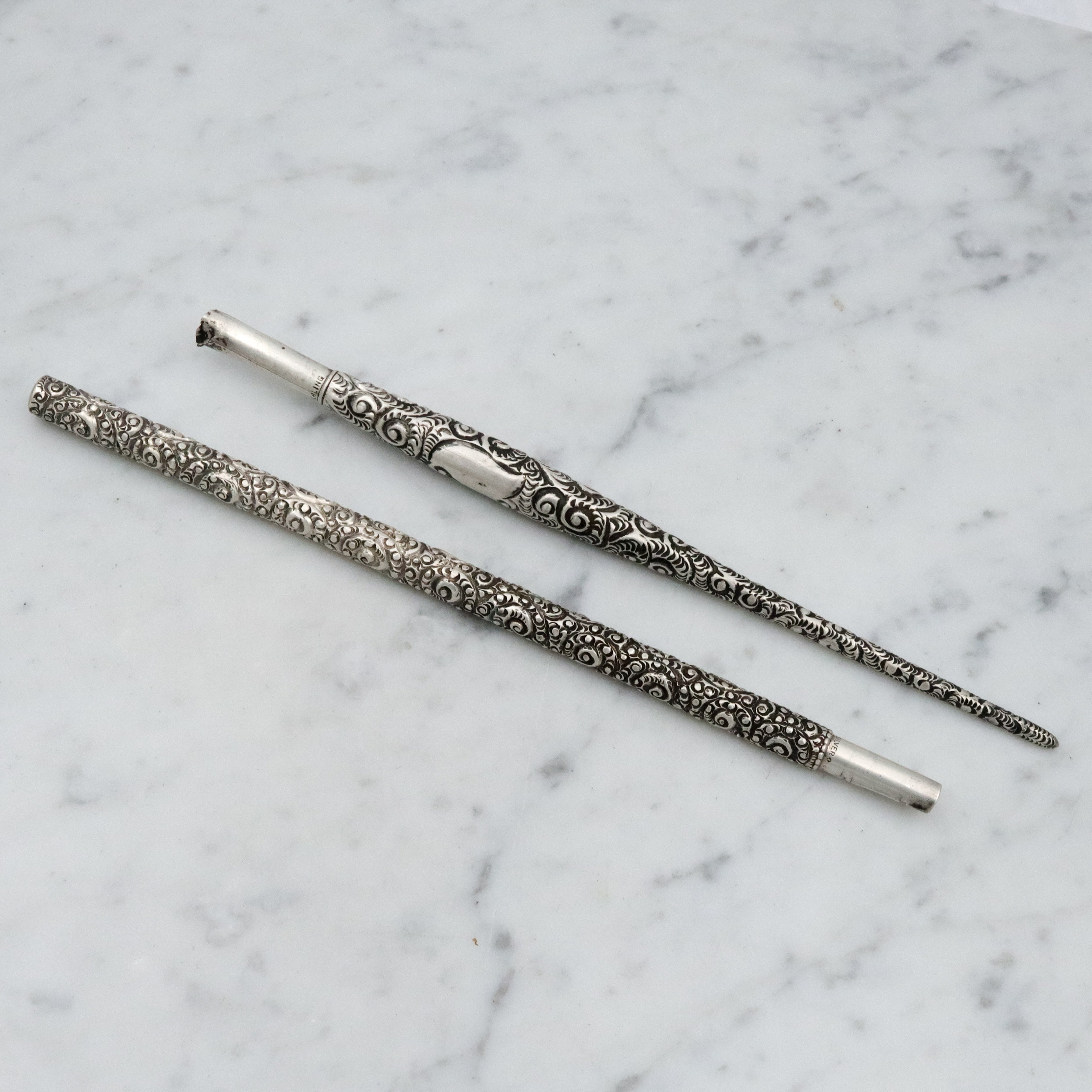 Group of two antique Victorian sterling repousse calligraphy dip pens