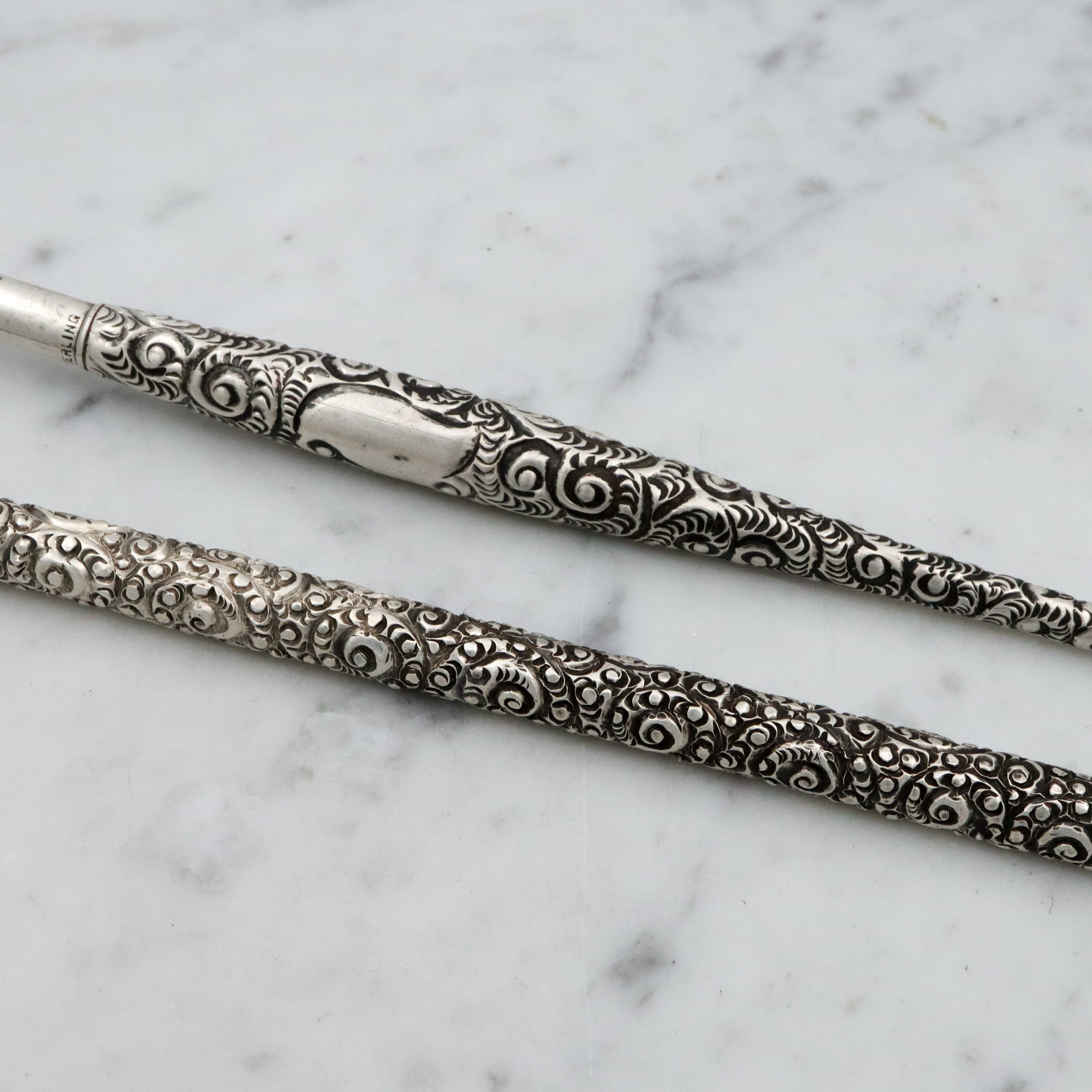 Group of two antique Victorian sterling repousse calligraphy dip pens