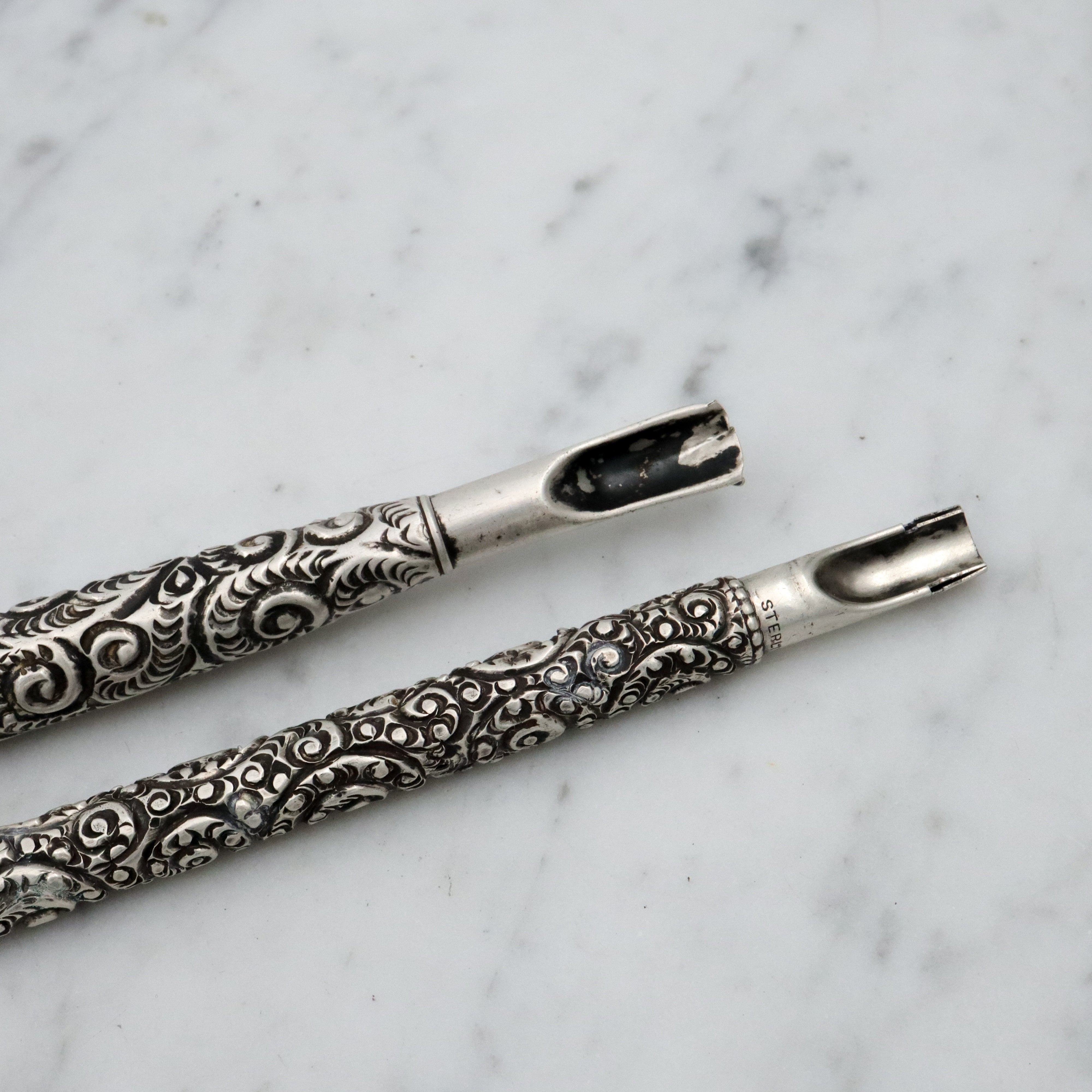 Group of two antique Victorian sterling repousse calligraphy dip pens