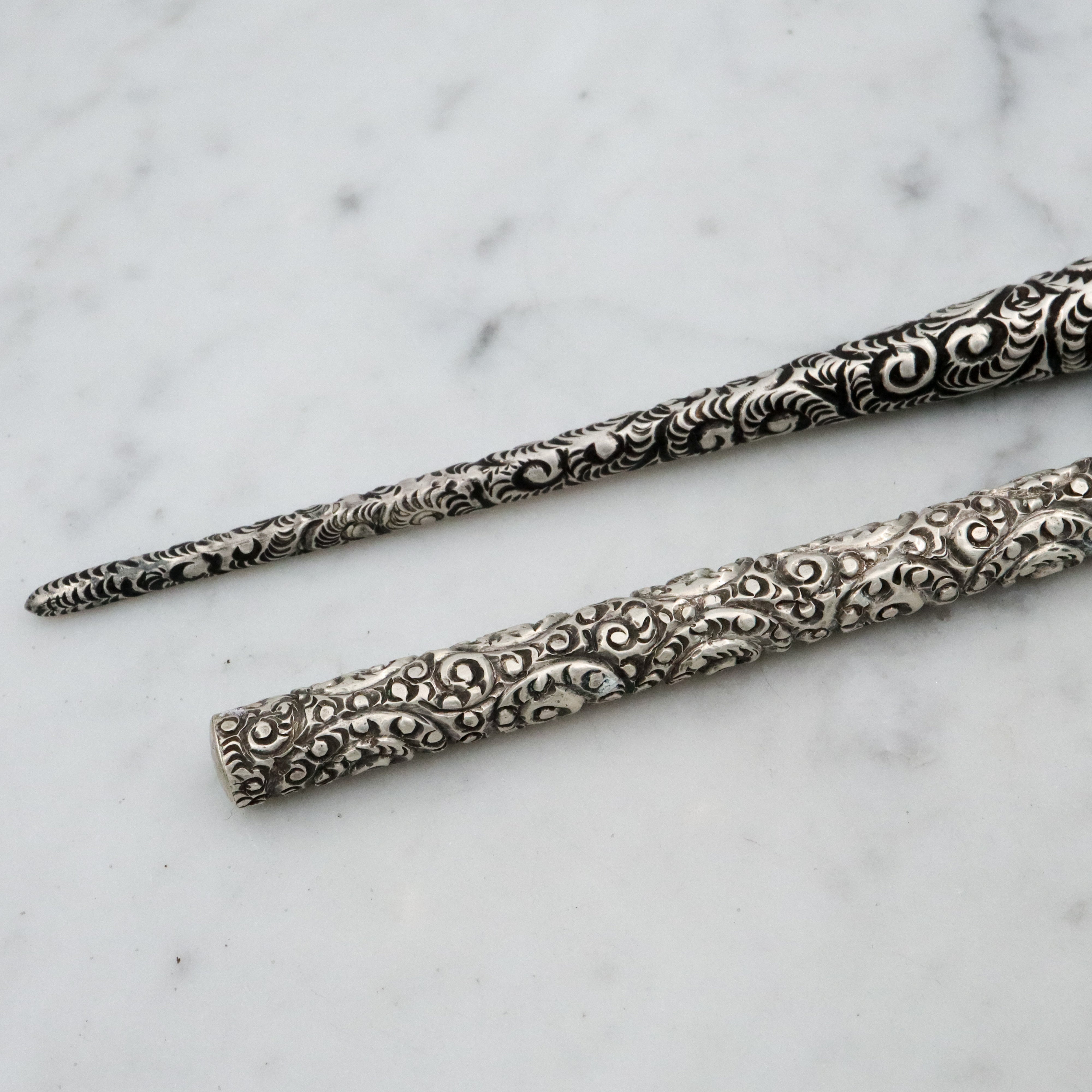 Group of two antique Victorian sterling repousse calligraphy dip pens