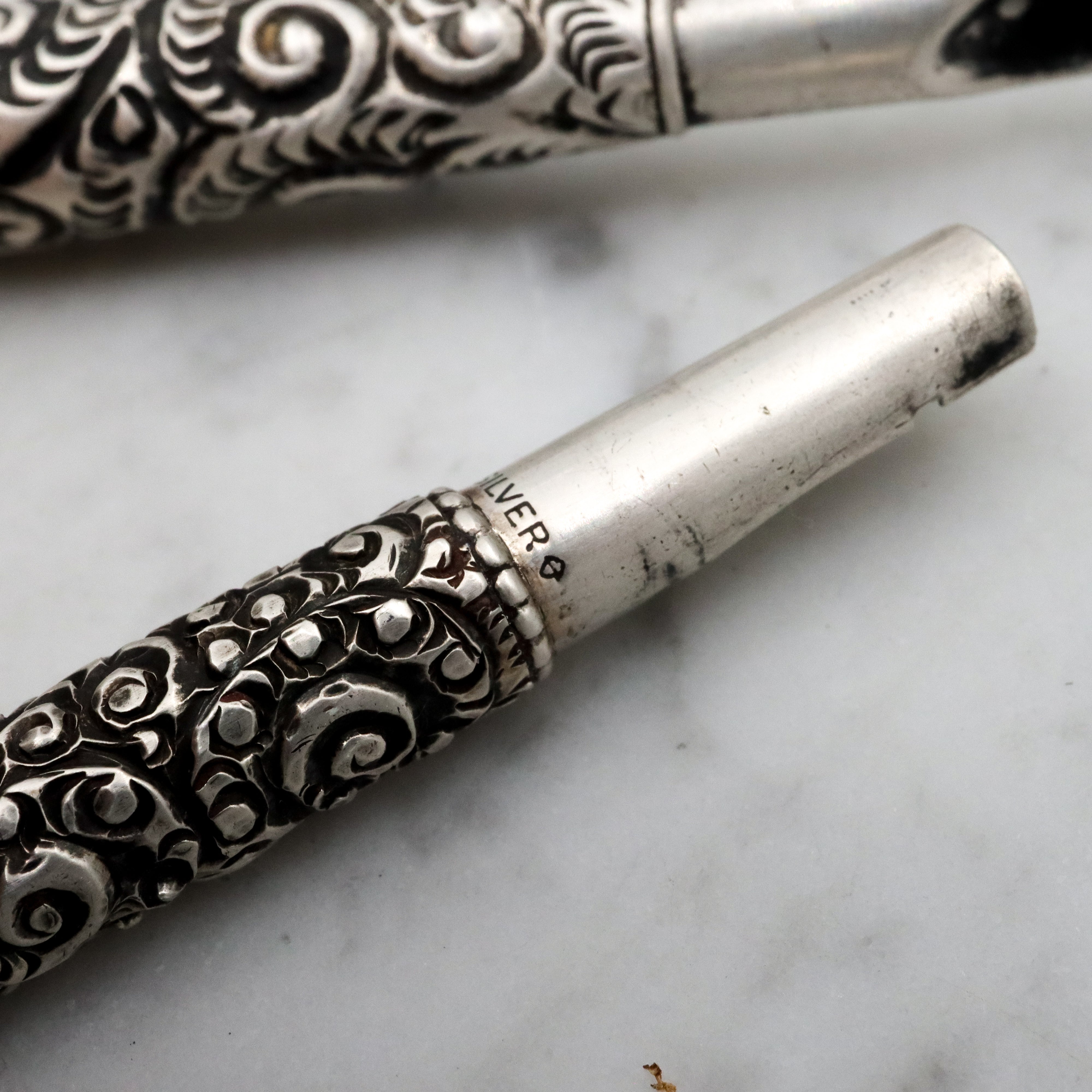 Group of two antique Victorian sterling repousse calligraphy dip pens