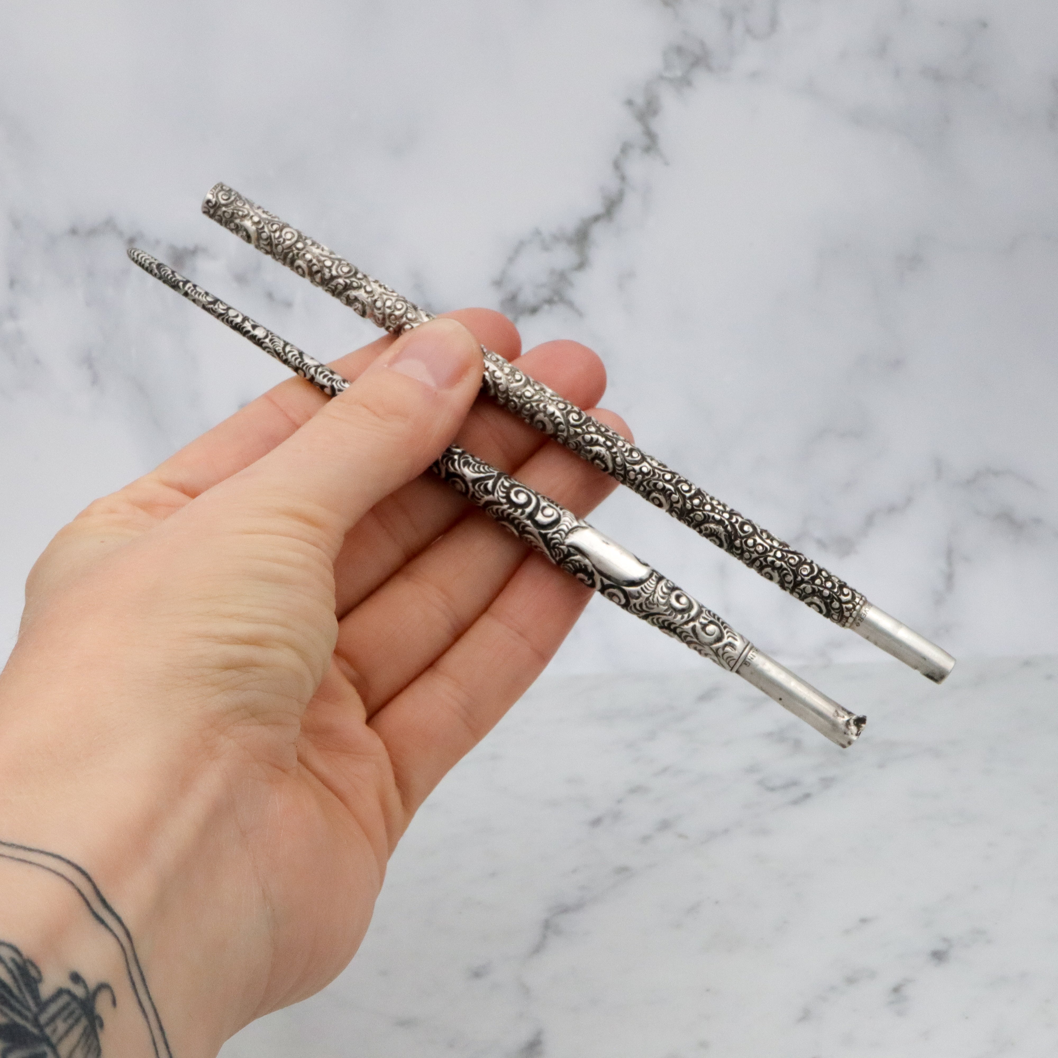 Group of two antique Victorian sterling repousse calligraphy dip pens