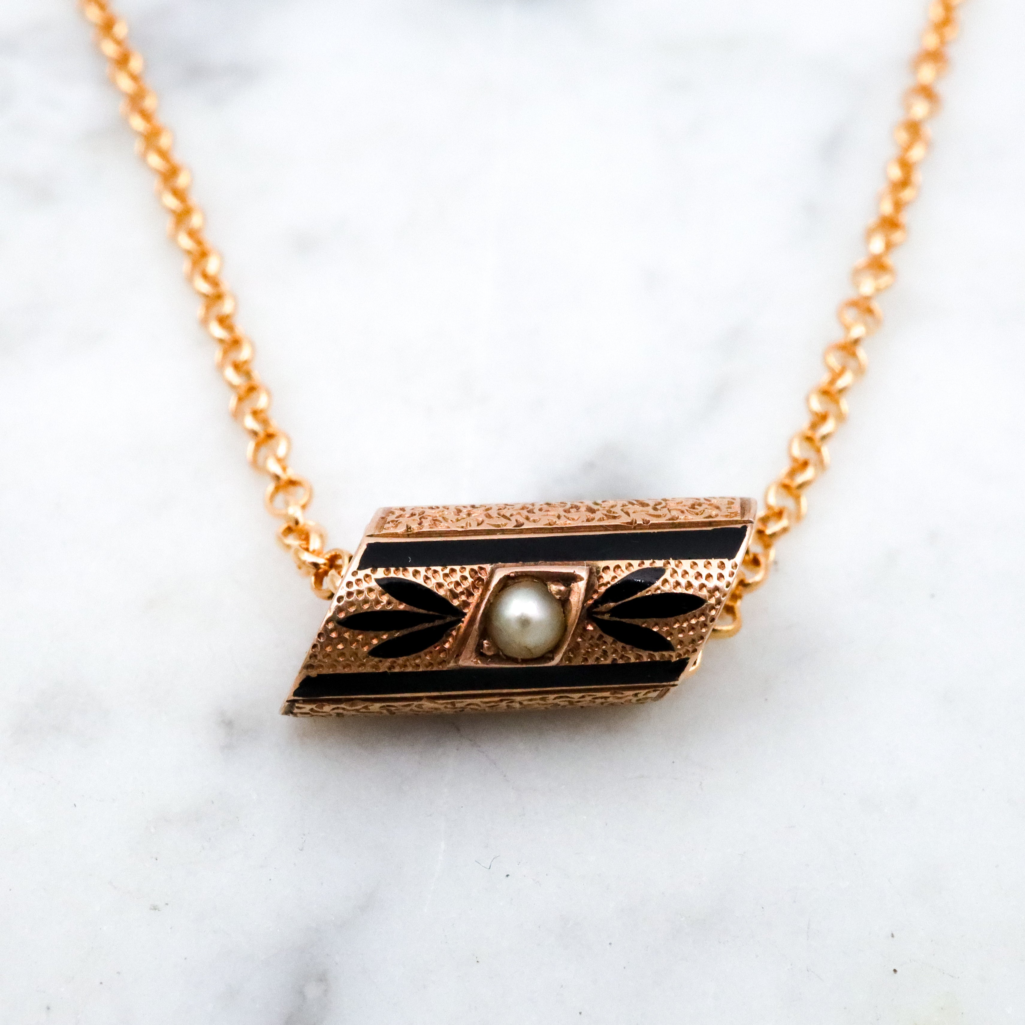 Antique Victorian 14k gold taille d'épargne enamel & pearl slide charm necklace