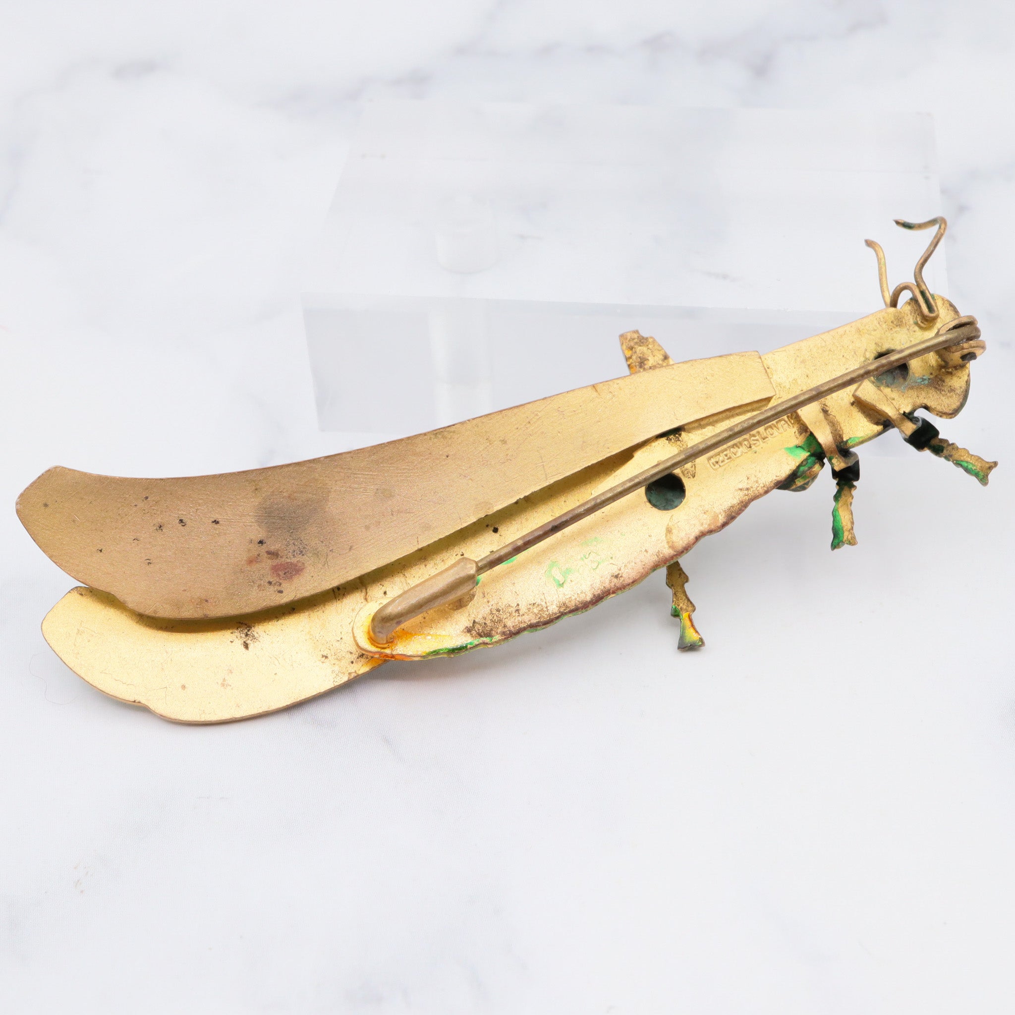 Exceptional and rare antique Czech hand painted brass grasshopper large brooch