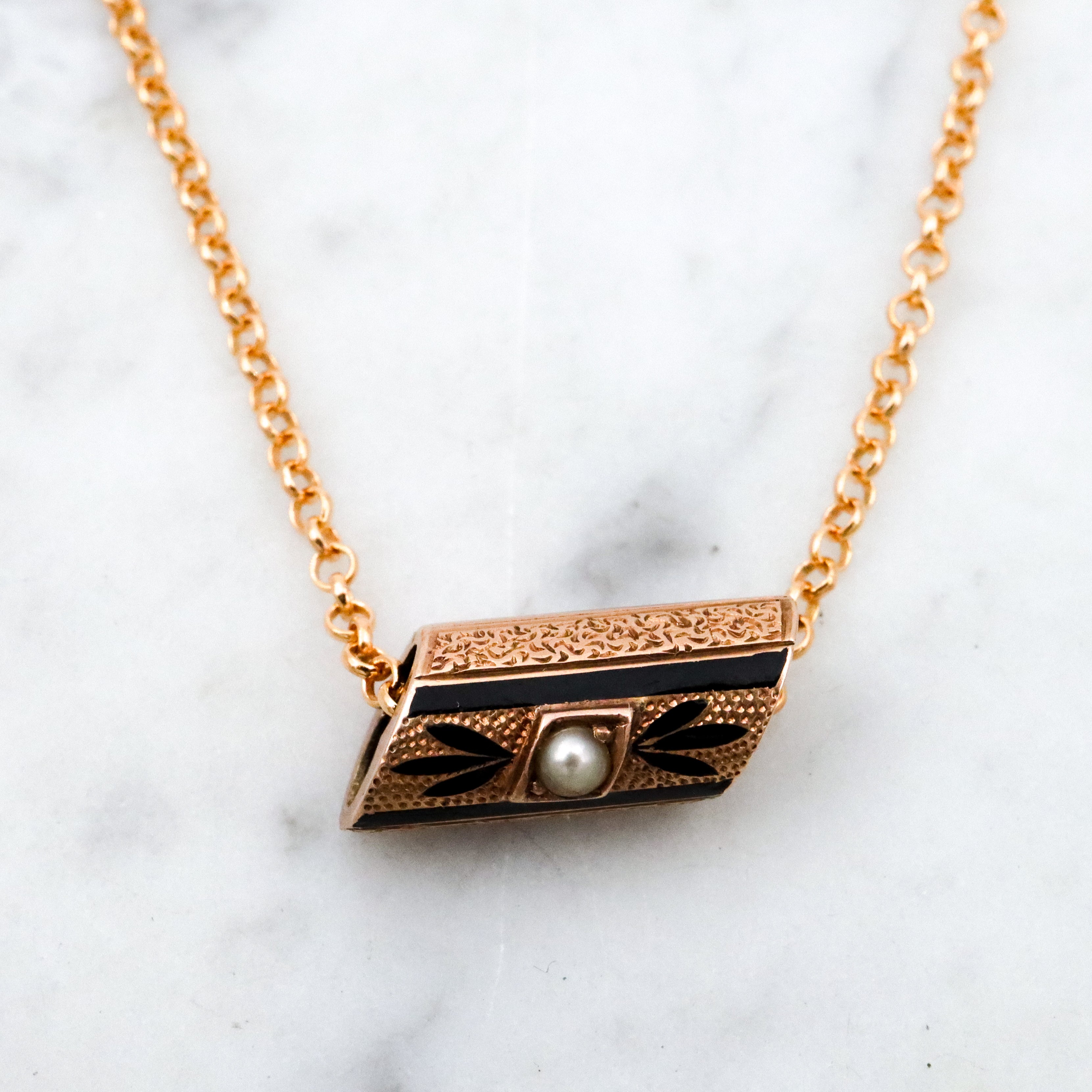 Antique Victorian 14k gold taille d'épargne enamel & pearl slide charm necklace