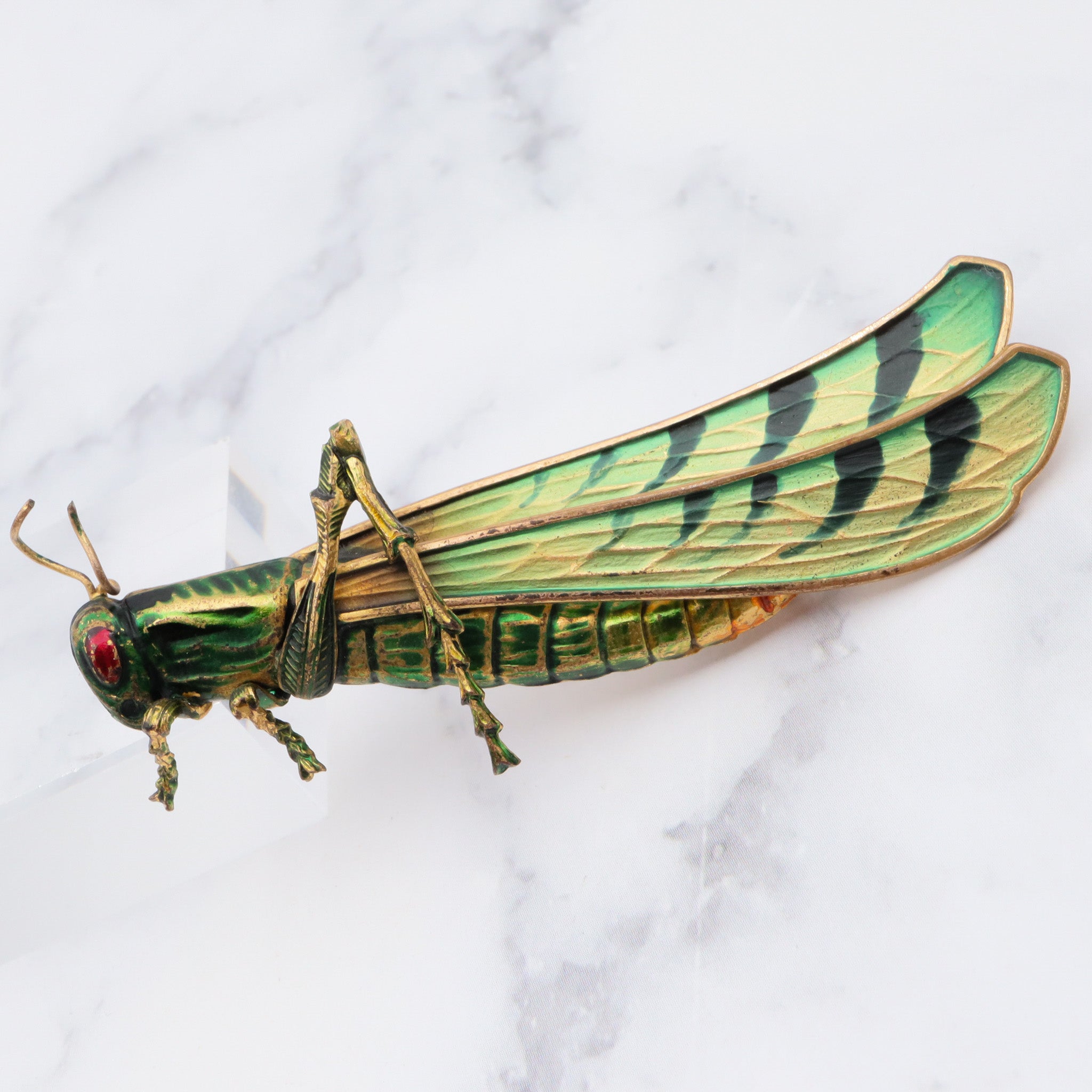 Exceptional and rare antique Czech hand painted brass grasshopper large brooch