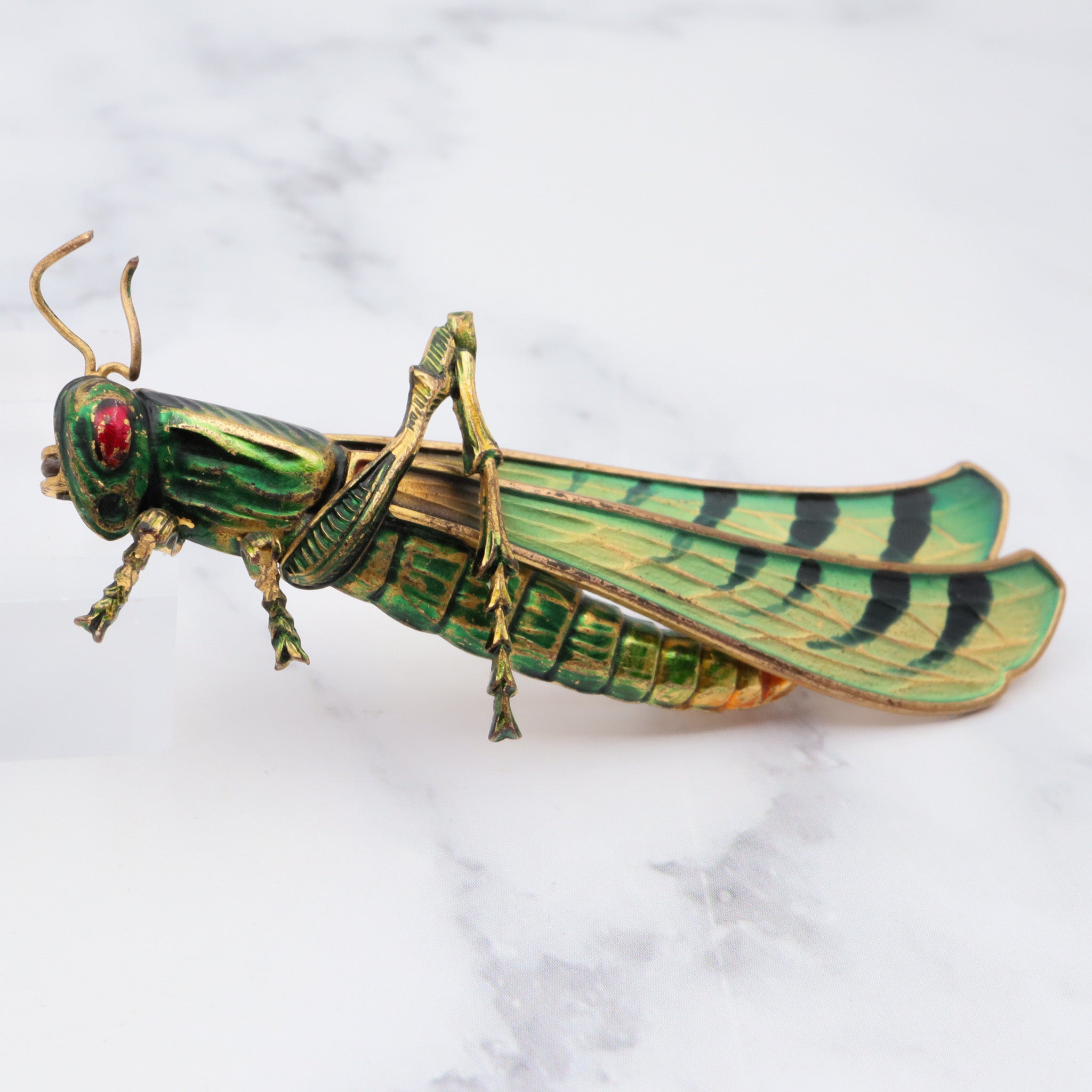 Exceptional and rare antique Czech hand painted brass grasshopper large brooch