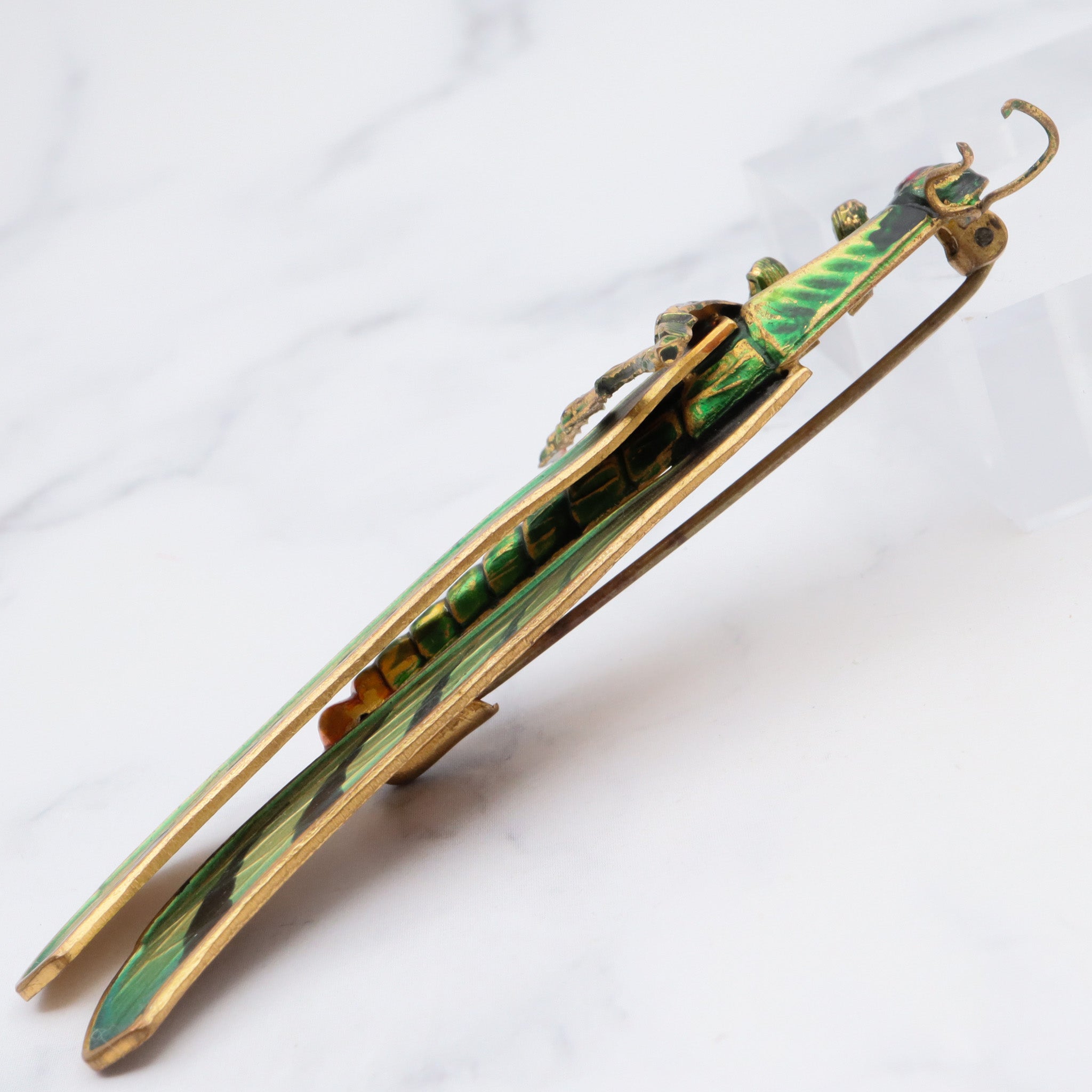 Exceptional and rare antique Czech hand painted brass grasshopper large brooch
