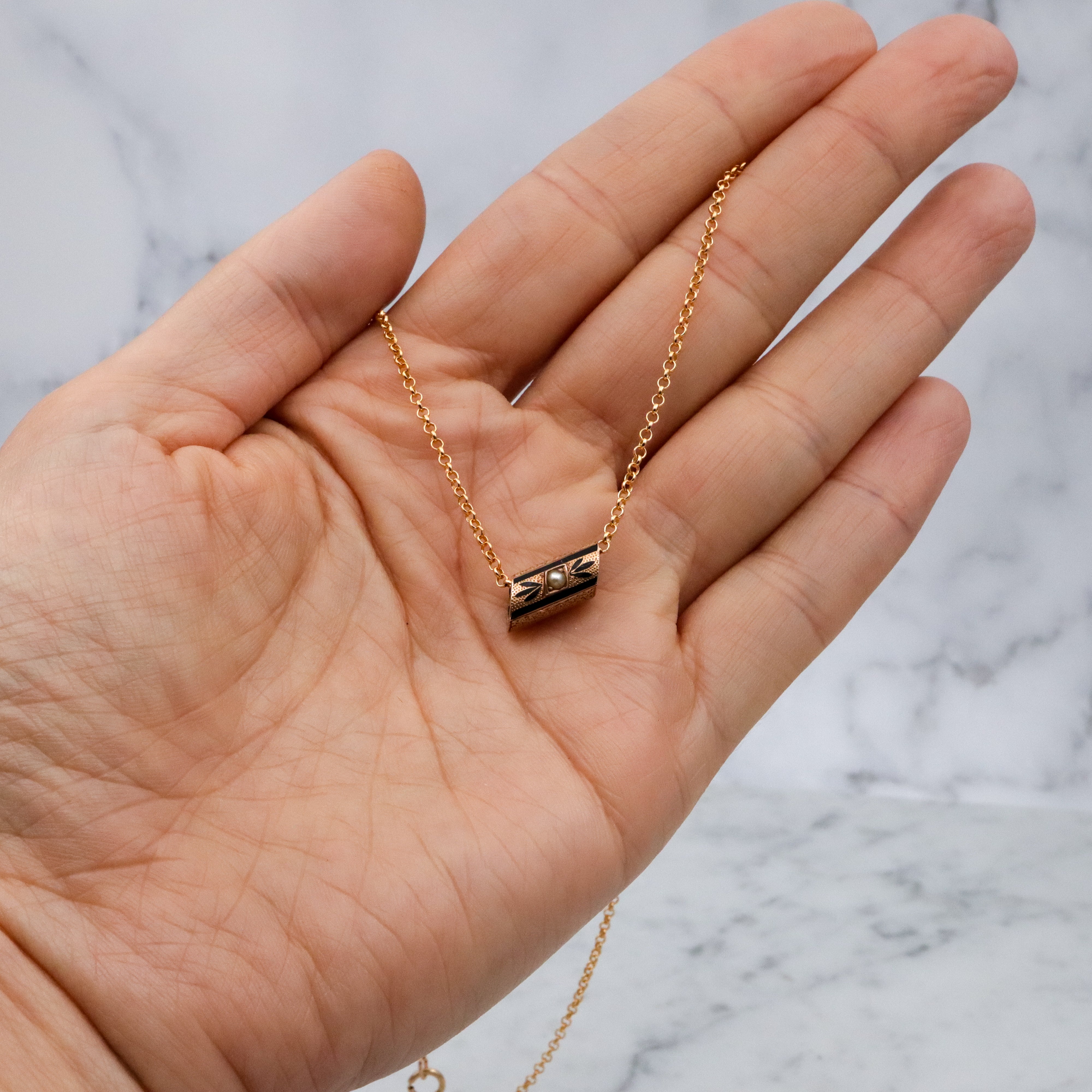 Antique Victorian 14k gold taille d'épargne enamel & pearl slide charm necklace