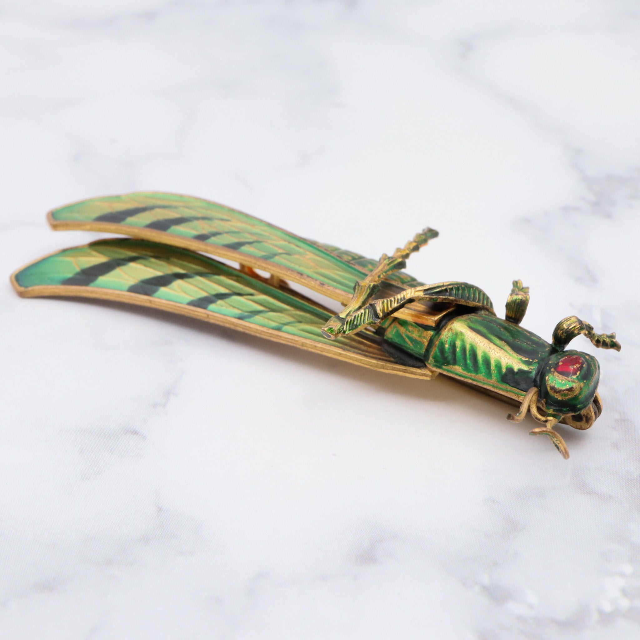 Exceptional and rare antique Czech hand painted brass grasshopper large brooch