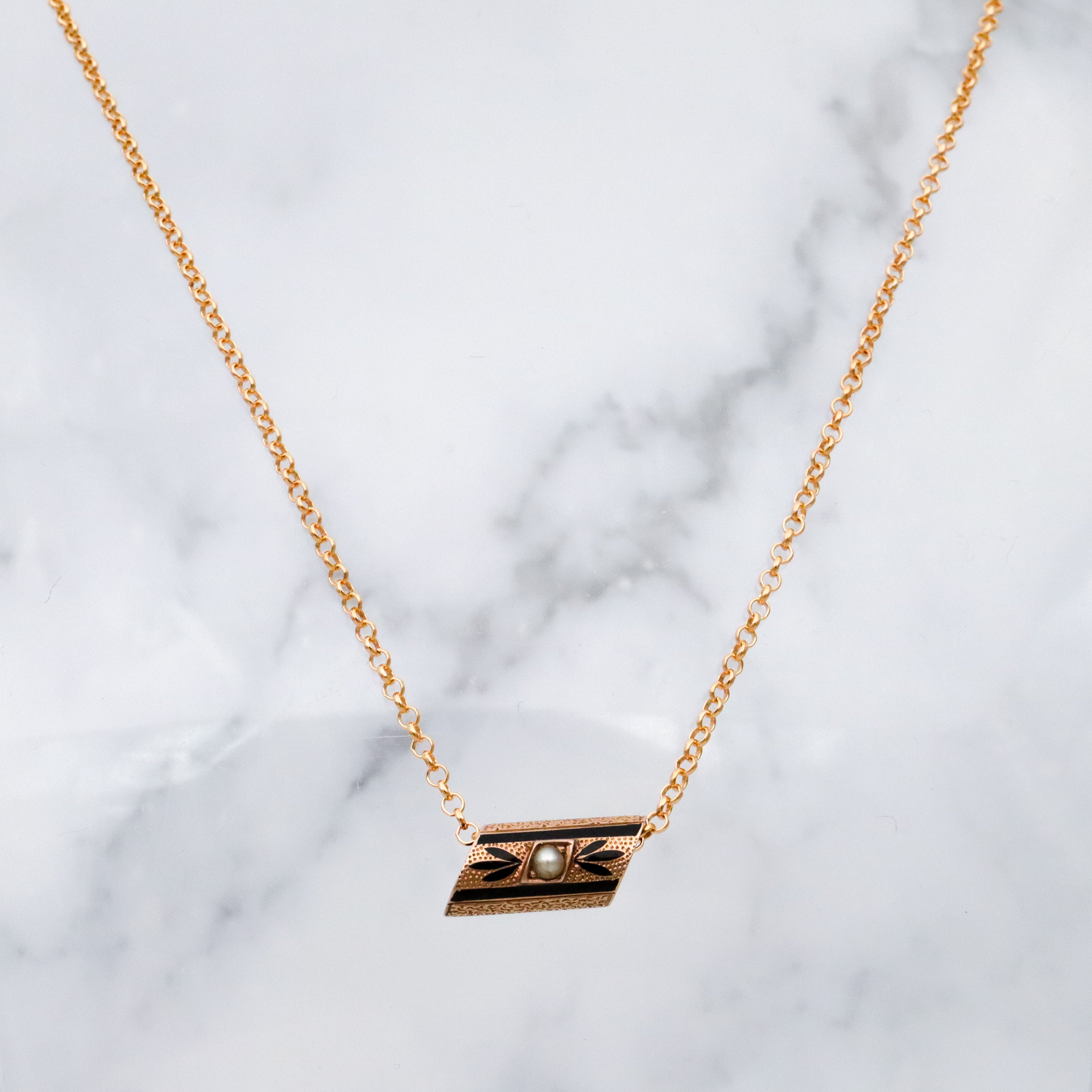 Antique Victorian 14k gold taille d'épargne enamel & pearl slide charm necklace