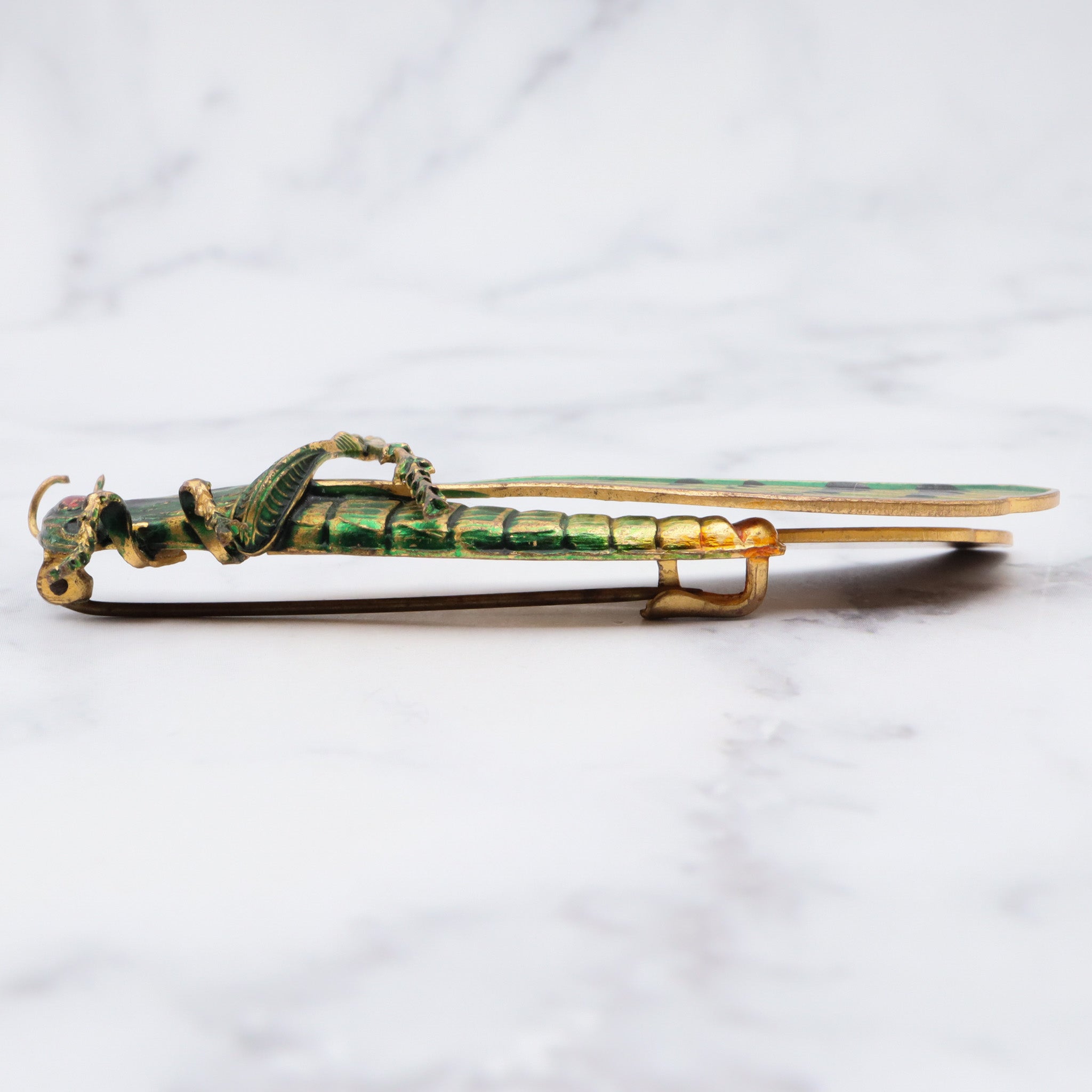 Exceptional and rare antique Czech hand painted brass grasshopper large brooch