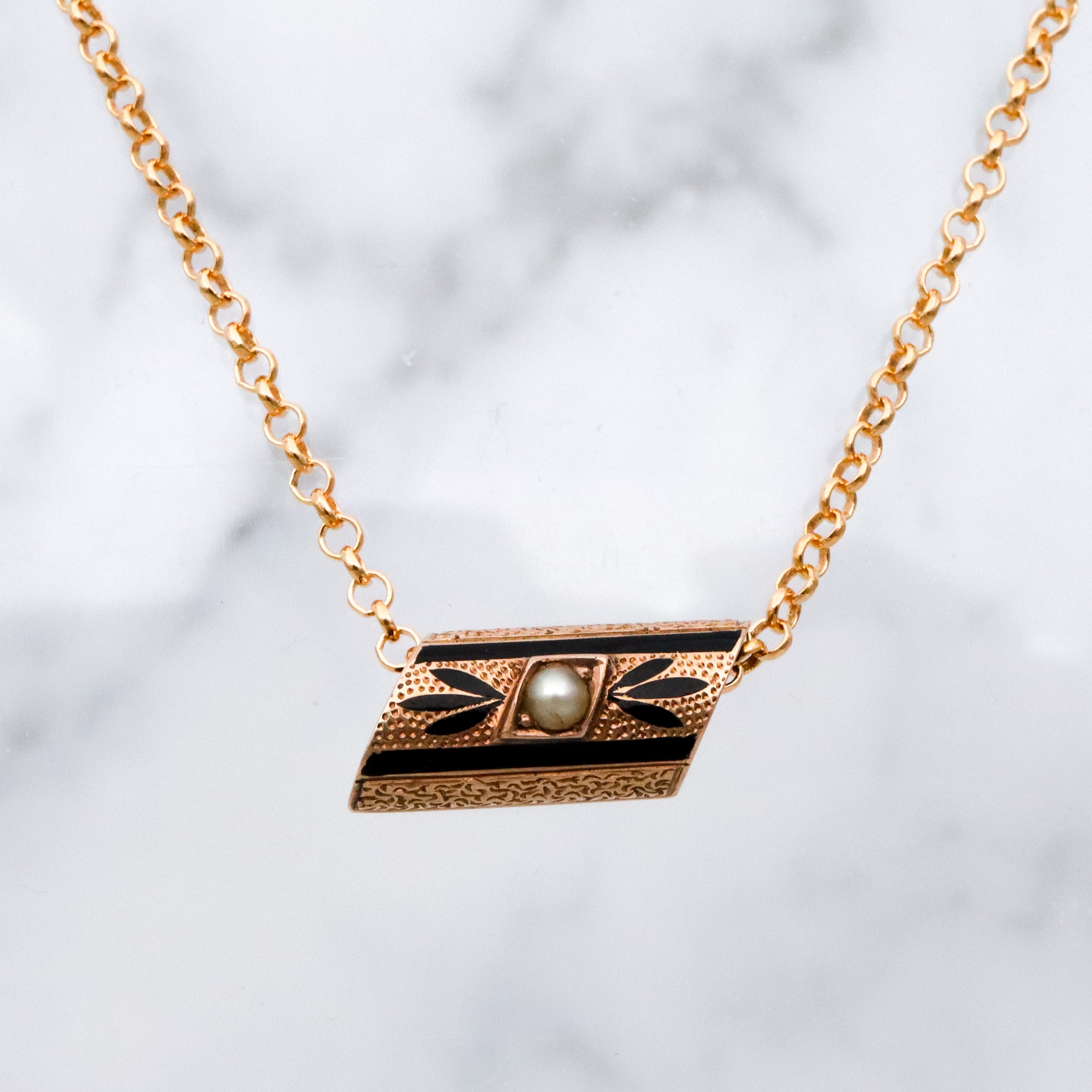 Antique Victorian 14k gold taille d'épargne enamel & pearl slide charm necklace