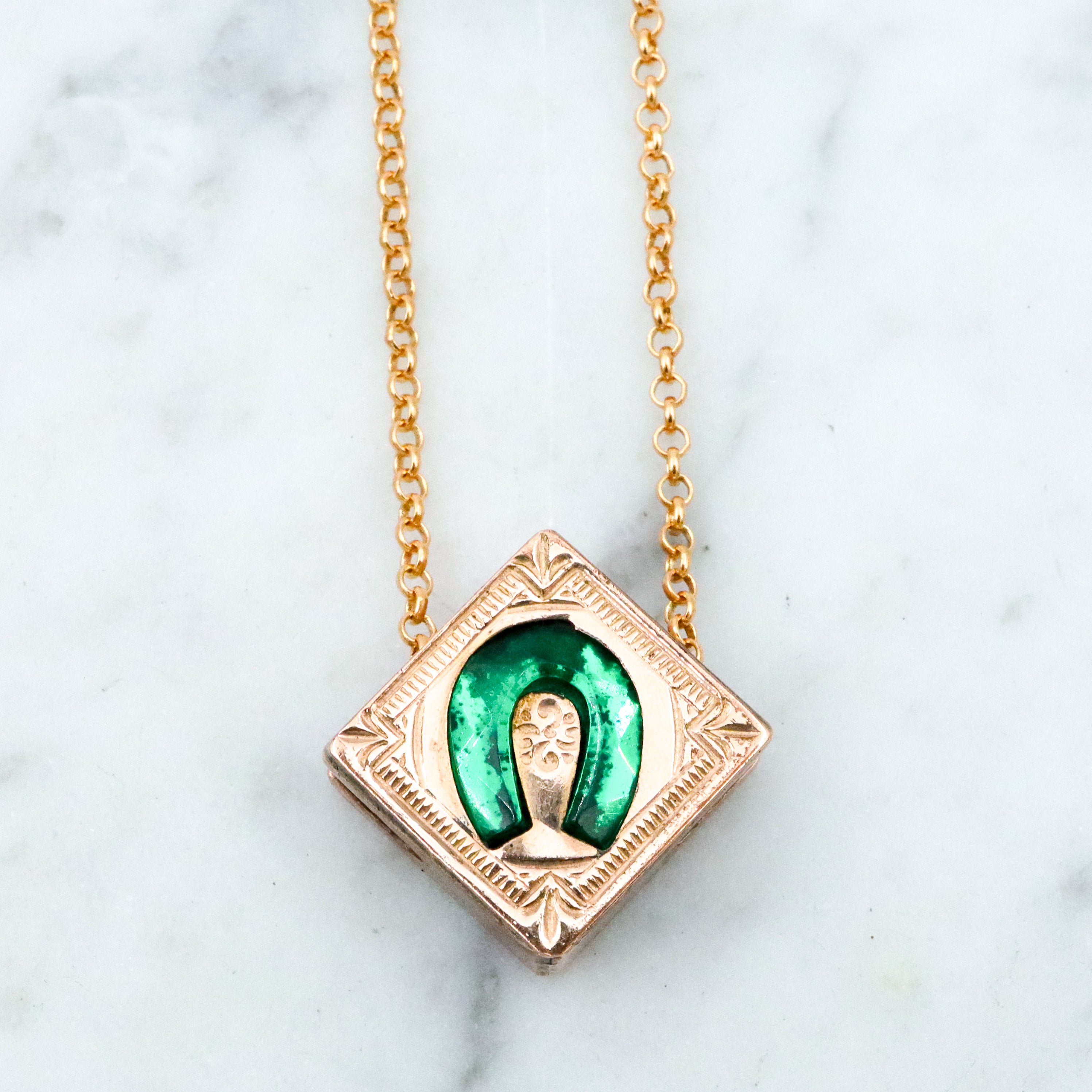 Antique Victorian gold filled green glass horseshoe square slide charm necklace