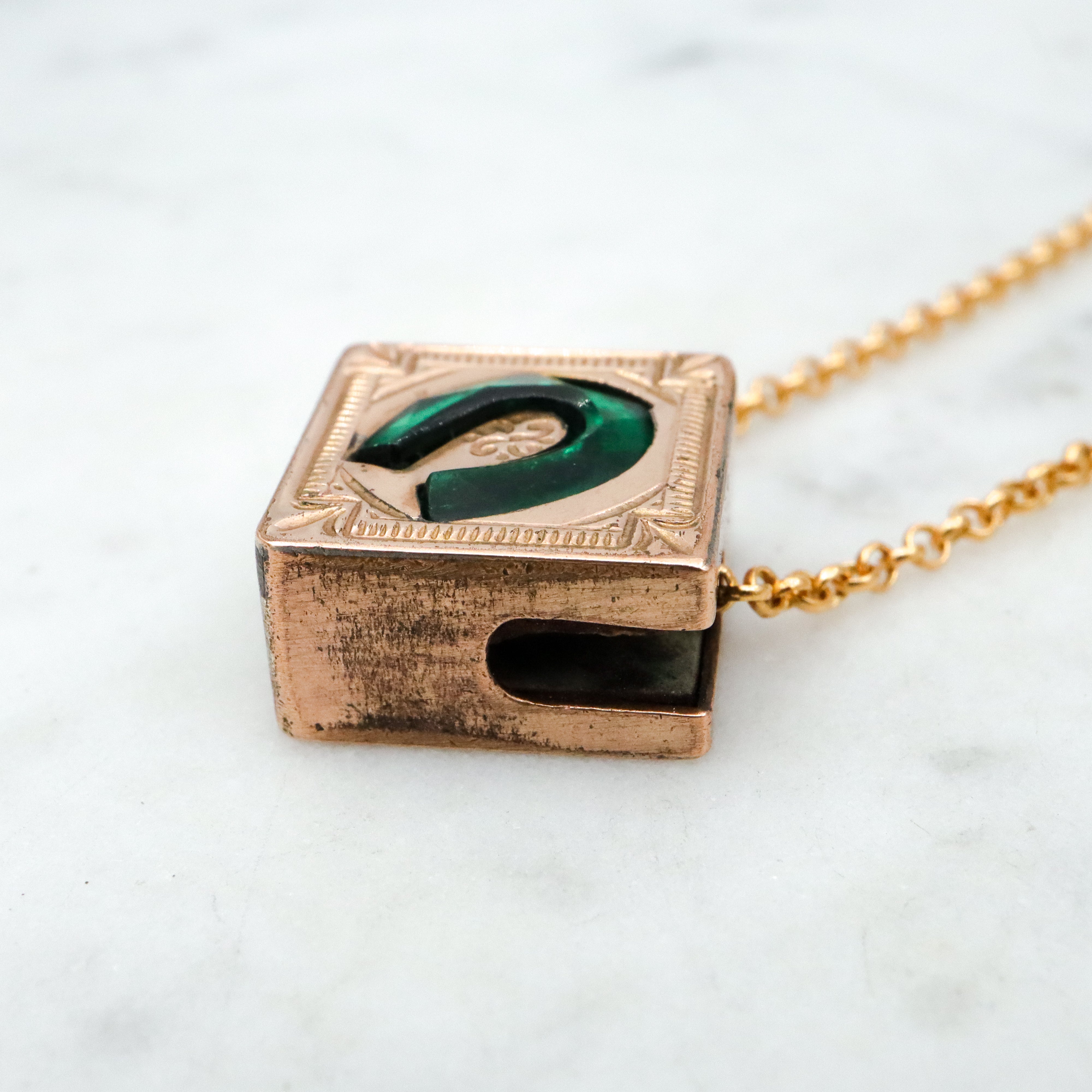 Antique Victorian gold filled green glass horseshoe square slide charm necklace