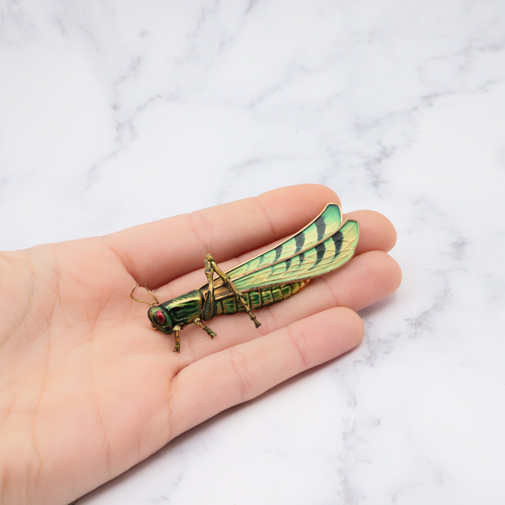 Exceptional and rare antique Czech hand painted brass grasshopper large brooch